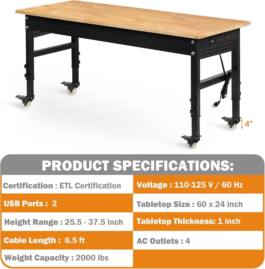 Betterhood 60' Adjustable Workbench on Wheels, Rubber Wood Heavy Duty Workstation with Power Outlets & Pegboard, 2000LBS Load Capacity Hardwood Worktable for Workshop, Garage, Office, Home, Commercial