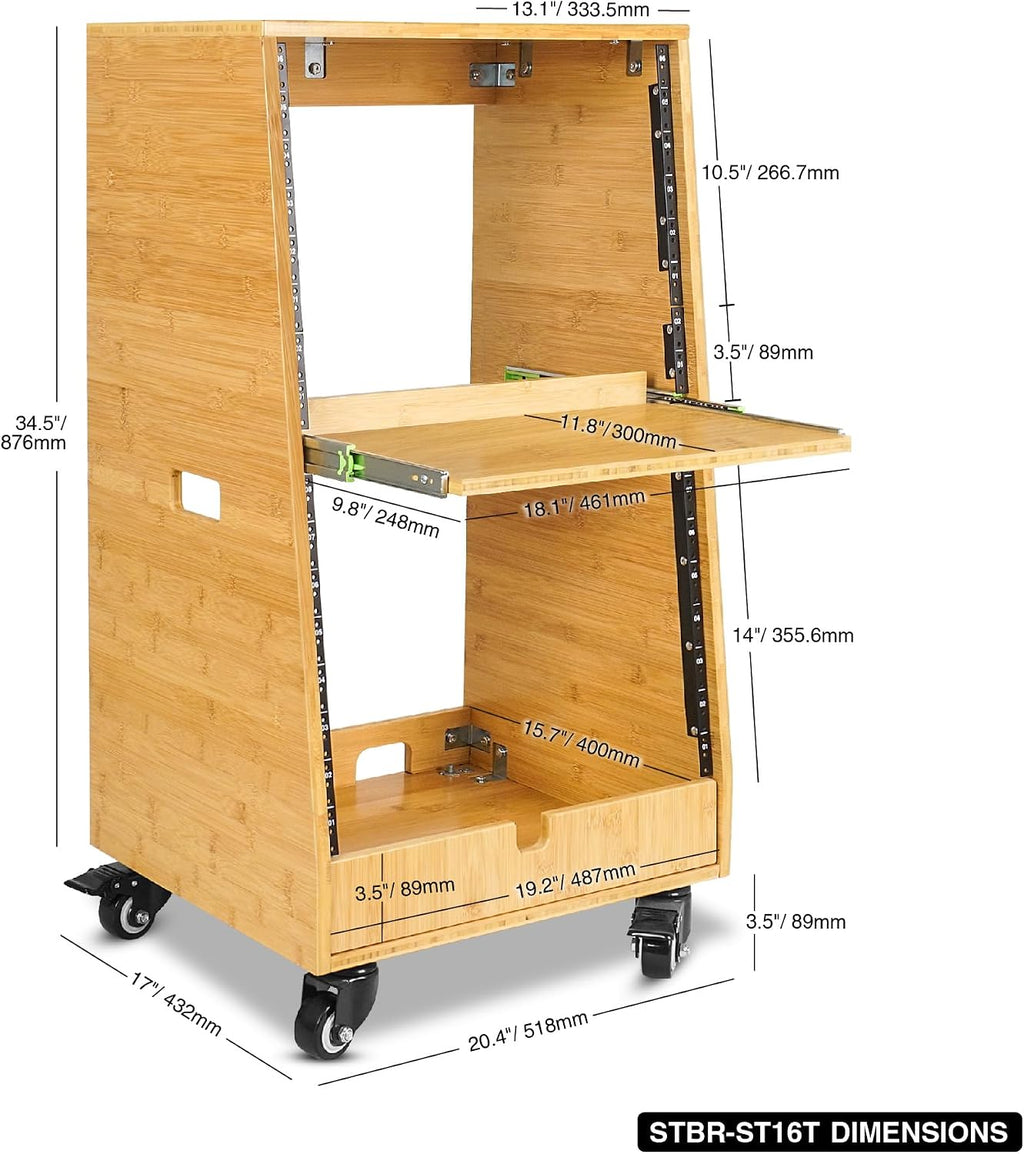 Sound Town DIY Solid Carbonized Bamboo Slanted 16U Studio Rack (8U Top + 8U Lower), with 2U Bottom Storage, Slide-Out Tray, Caster, For Recording Room, Home Studio (STBR-ST16T)