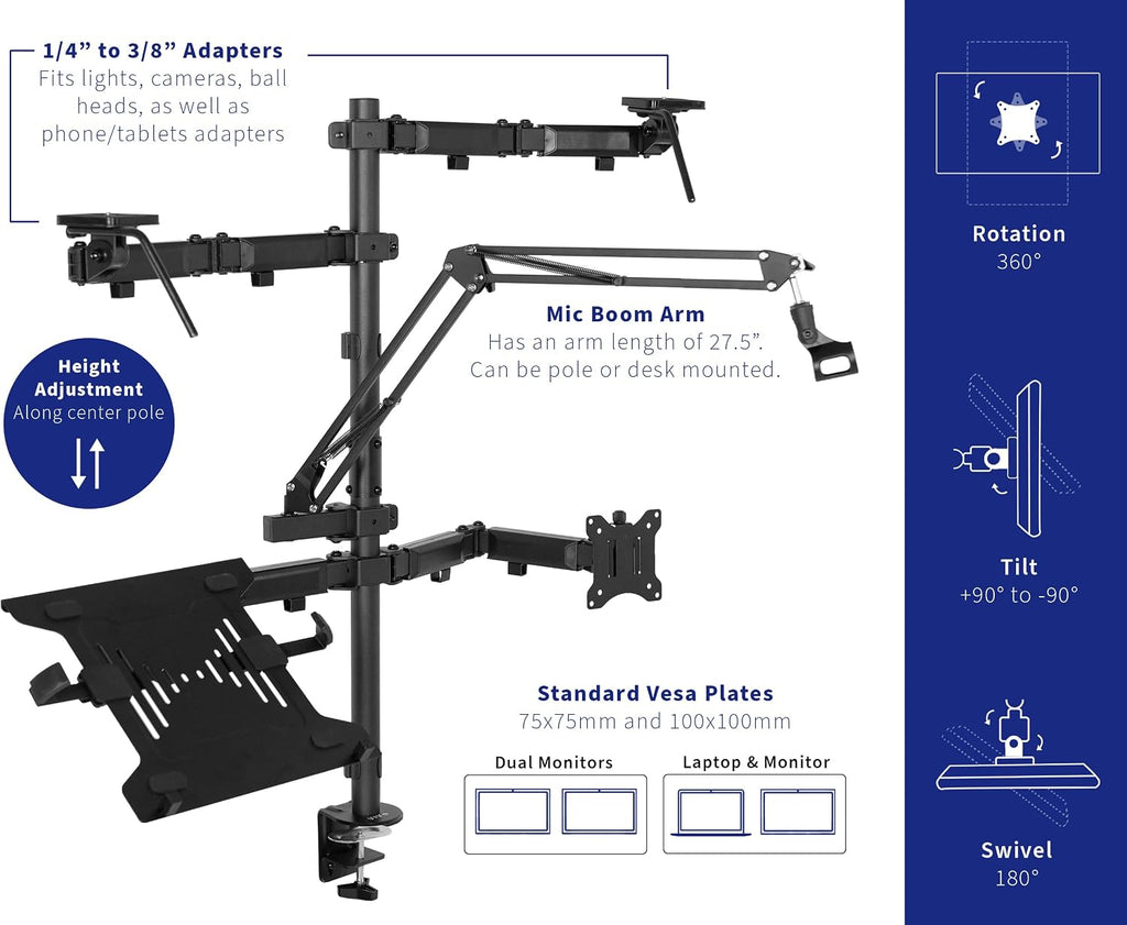 VIVO All-in-One Computer Studio Desk Mount, Mic Boom, Dual Monitor Mount up to 32 inches, Laptop Stand, Livestream Arms Compatible with Cameras, Lighting, Phone/Tablet Adapters, STAND-LIVE2L