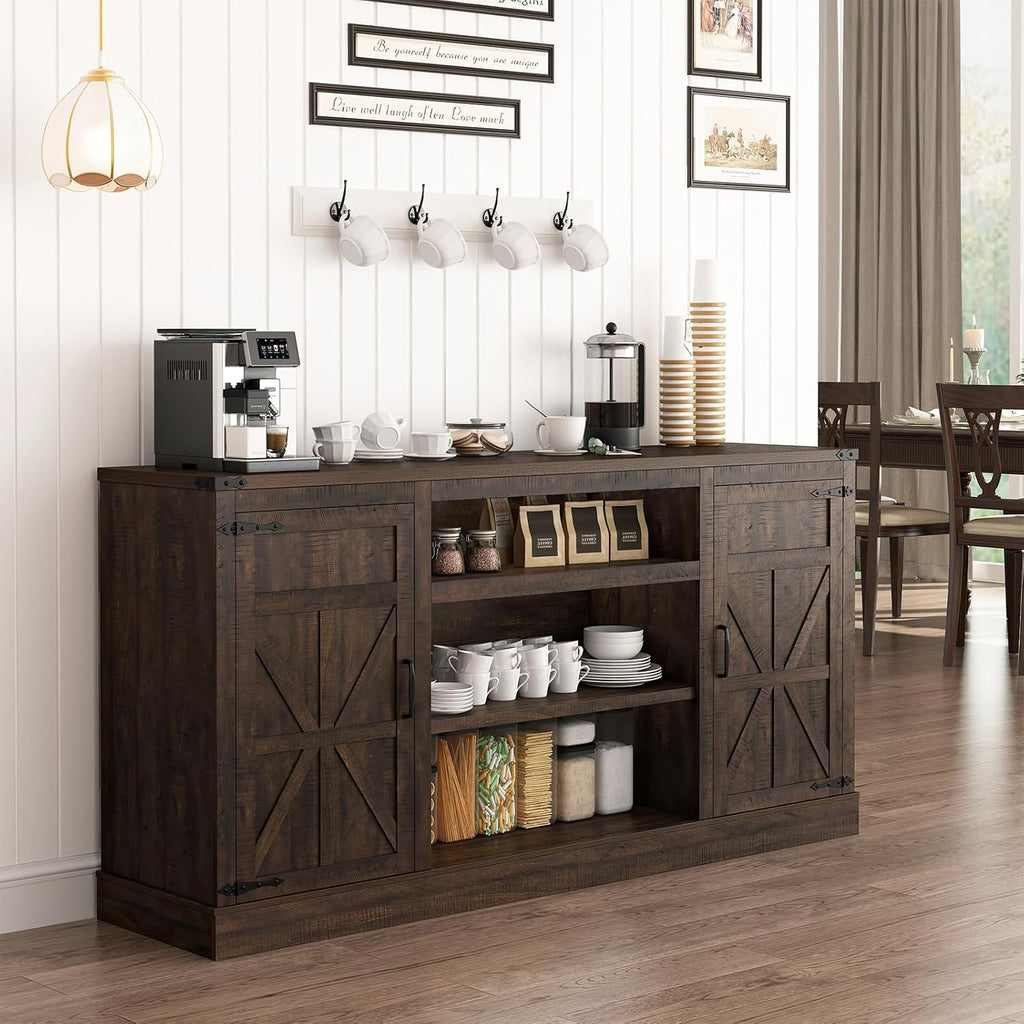 Hlivelood 66' Farmhouse TV Stand with Power Outlets for 75 Inch TVs, 33' Tall Entertainment Center with Storage Cabinets w/Adjustable Shelves, Rustic Large TV Media Console for Living Room, Brown