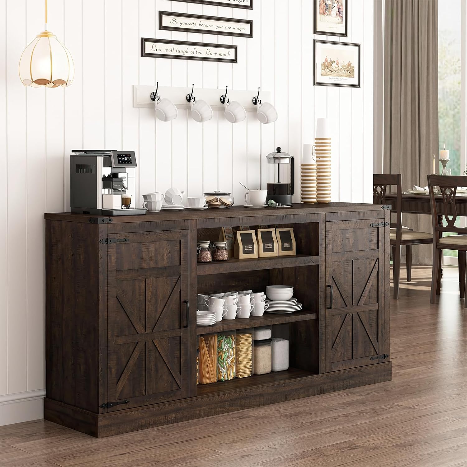Hlivelood 66' Farmhouse TV Stand with Power Outlets for 75 Inch TVs, 33' Tall Entertainment Center with Storage Cabinets w/Adjustable Shelves, Rustic Large TV Media Console for Living Room, Brown