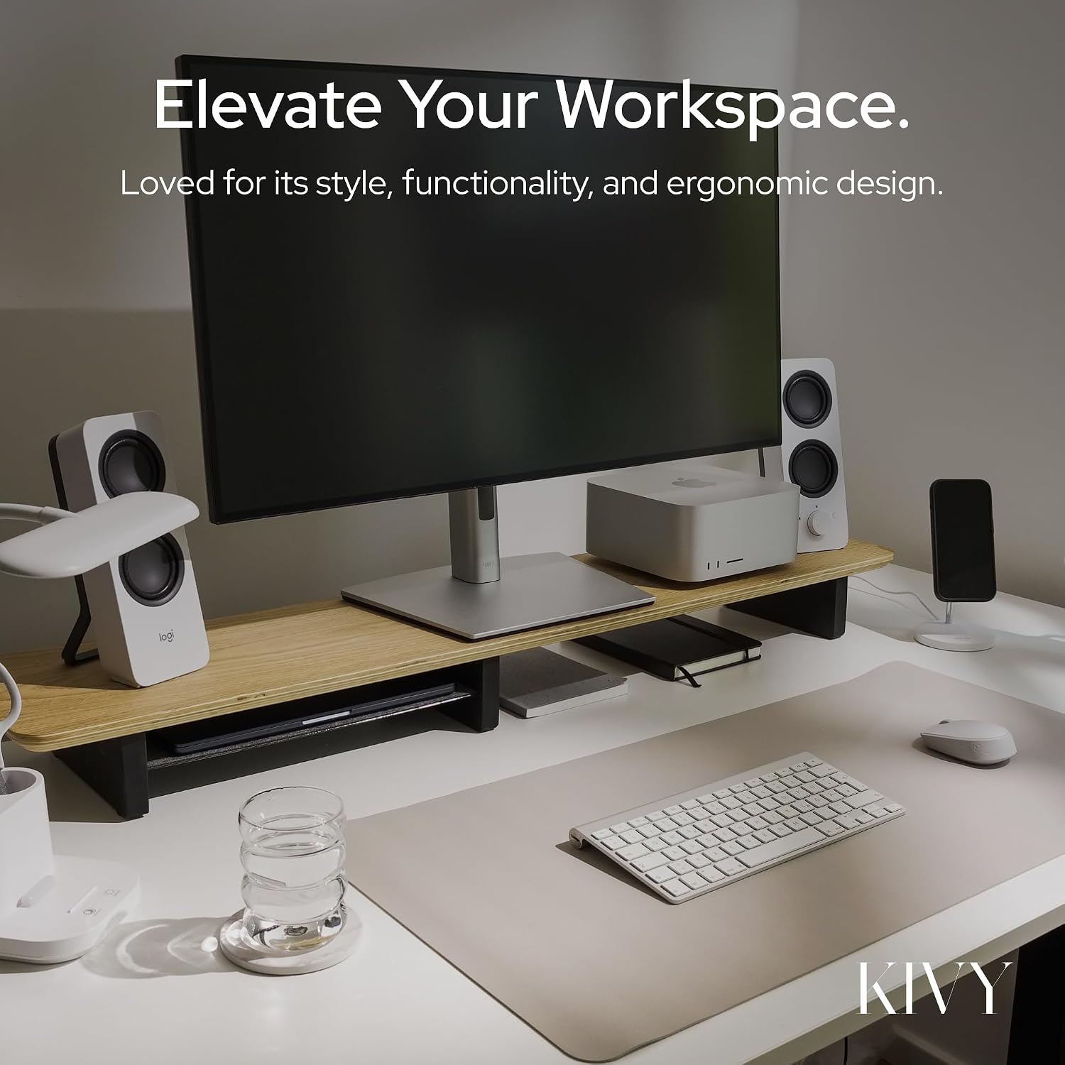 KIVY Dual Monitor Riser With Integrated Metal Shelf [MADE BY HAND] - Wooden Desk Shelf for 2 Monitors - Wide Long Stand for Desk (44 x10x3in - Black)
