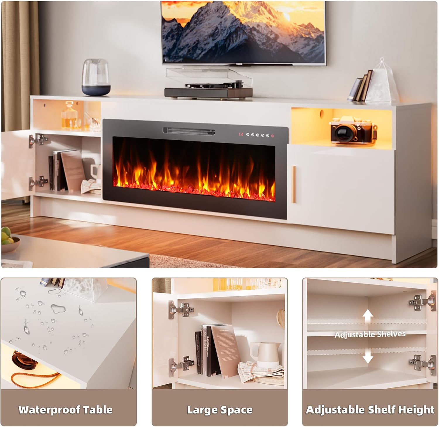 EAG 70 Inche Fireplace TV Stand for TVs up to 80 Inches with 36' Electric Fireplace, Modern Entertainment Center with Glass Shelves, LED Lights, Media TV Console for Living Room, White