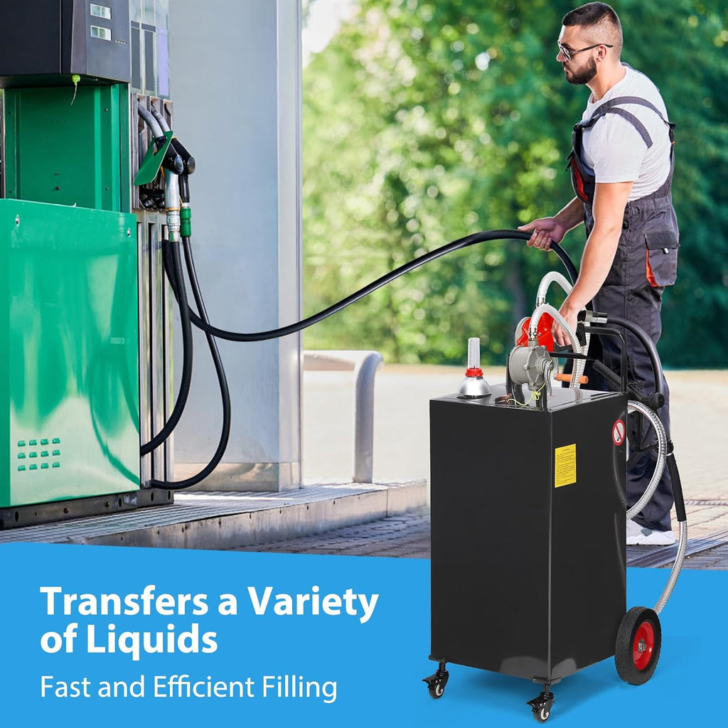 Fuel Caddy Tank 35-Gallon with Manual Transfer Pump, Heavy-Duty Mobile Gas & Diesel Storage Tank for Cars, Lawn Mowers, Boats, ATVs, and Farming Equipment. Effortless Refueling on 4 Large Wheels