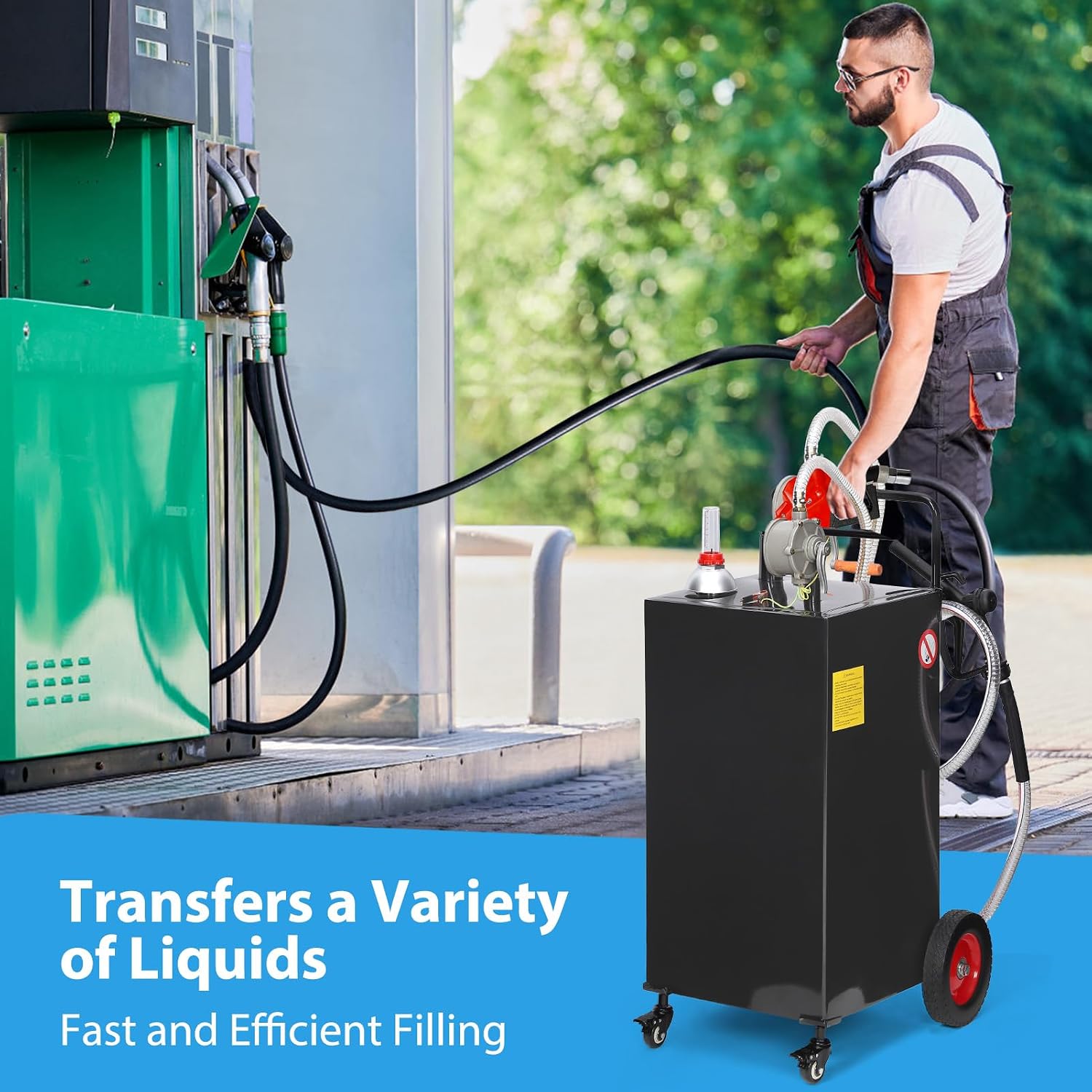 Fuel Caddy Tank 35-Gallon with Manual Transfer Pump, Heavy-Duty Mobile Gas & Diesel Storage Tank for Cars, Lawn Mowers, Boats, ATVs, and Farming Equipment. Effortless Refueling on 4 Large Wheels