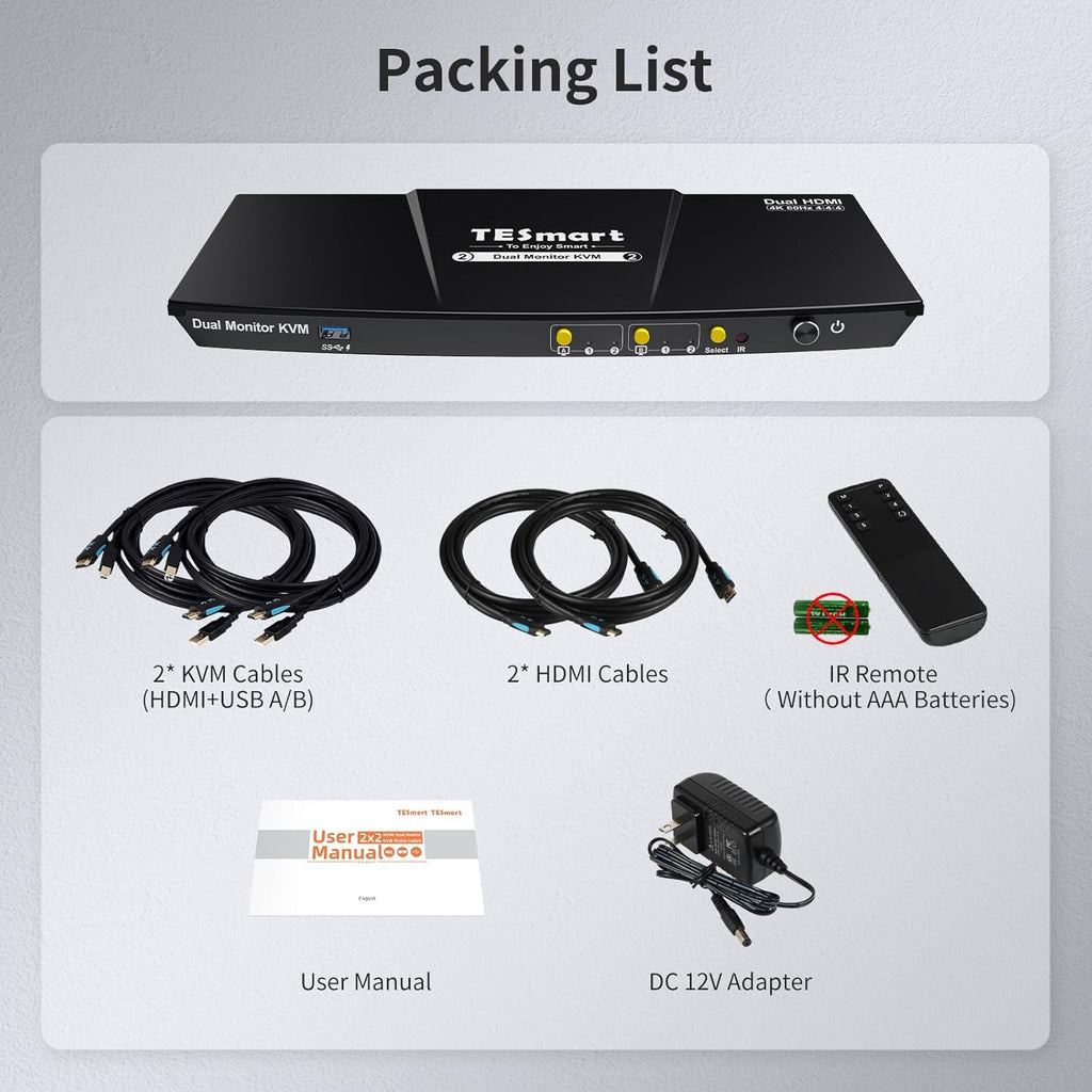 TESmart USB 3.0 HDMI KVM Switch 2 Monitors 2 Computers 4K@60Hz, Dual Monitor KVM Switch HDMI 2 Port Extended Display, Audio&Microphone, EDID Emulators, Button Switch with Input Cables,Hotkey Switch