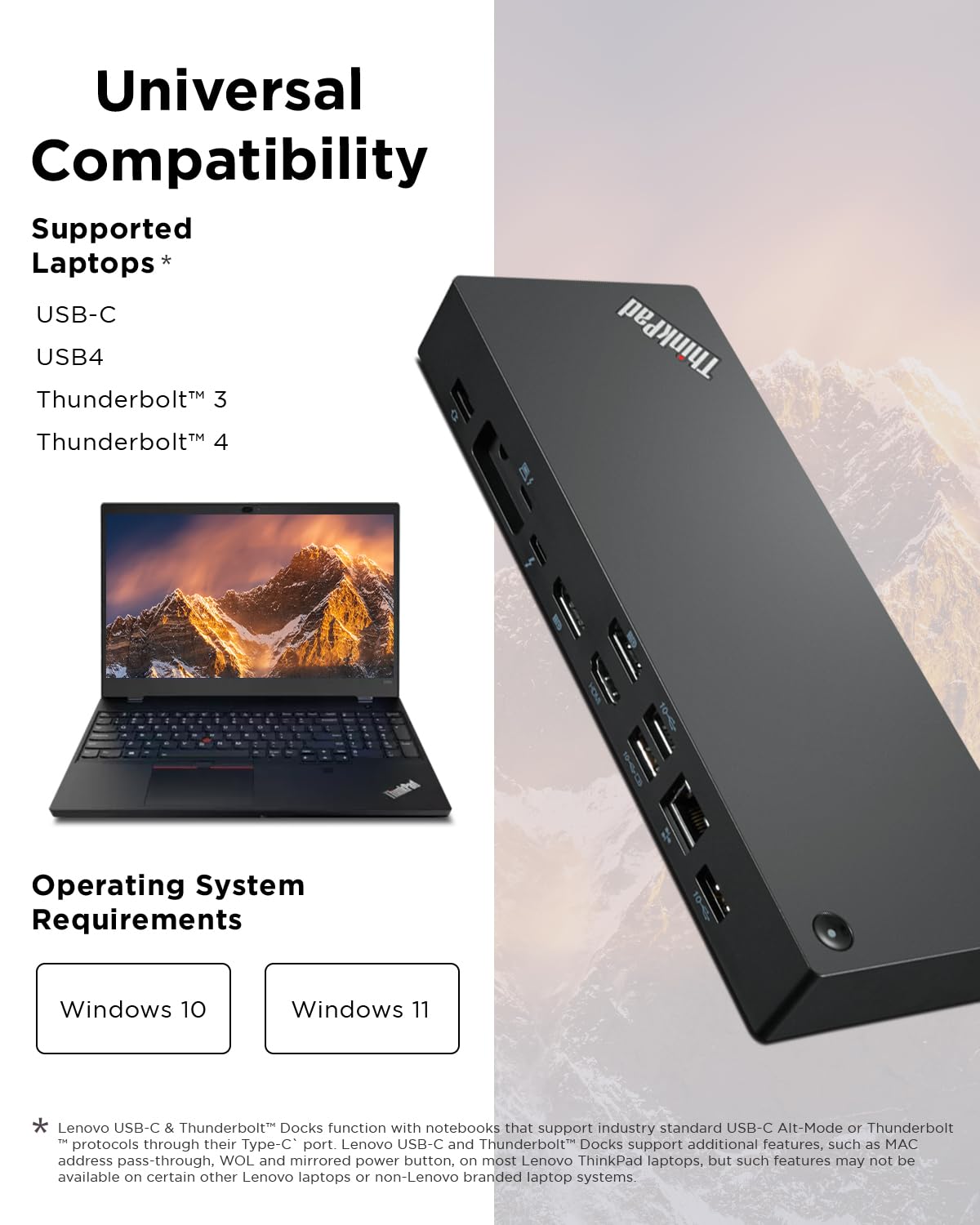 Lenovo ThinkPad Universal Thunderbolt 4 Dock, 4 Displays, Dynamic Power Charging up to 100W, Black