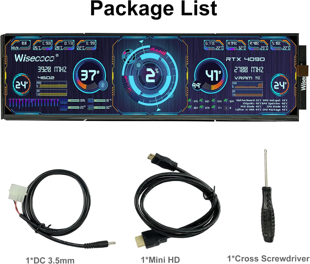 wisecoco 12.6 Inch Bar LCD Screen HDMI Display Monitor 1920x515 IPS DIY Kits Dual Built-in Speakers for Hyte Y60 Computer Gaming PC Case CPU GPU Secondary Monitor Easy Install Black