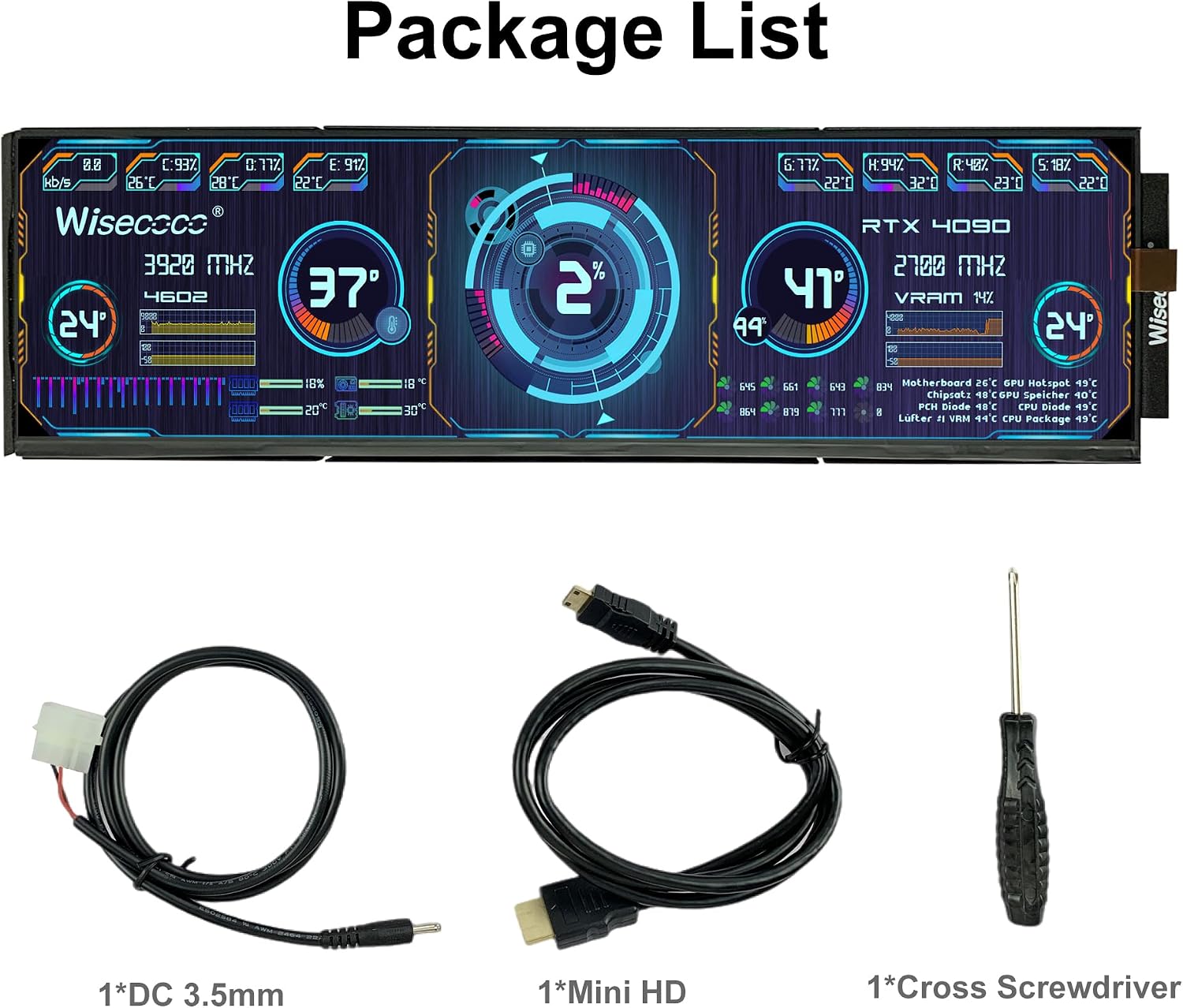wisecoco 12.6 Inch Bar LCD Screen HDMI Display Monitor 1920x515 IPS DIY Kits Dual Built-in Speakers for Hyte Y60 Computer Gaming PC Case CPU GPU Secondary Monitor Easy Install Black