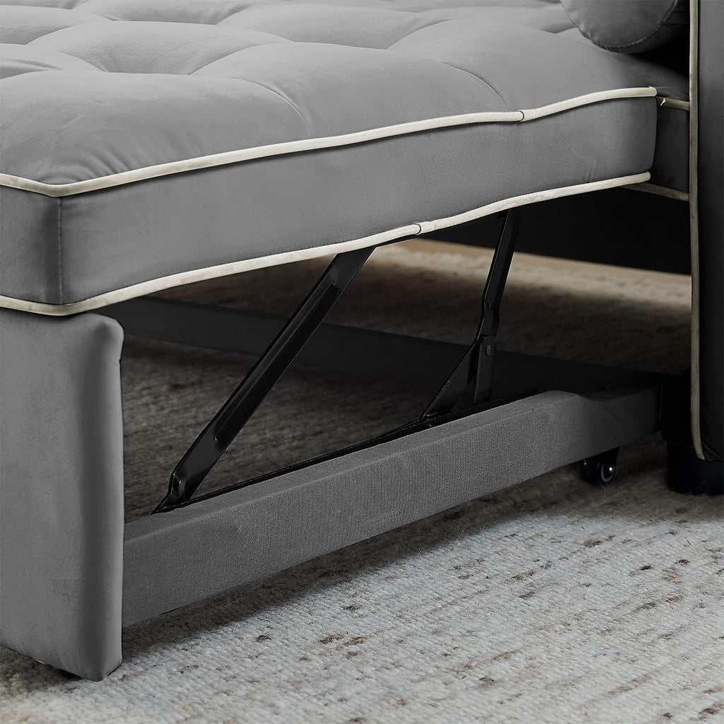 3 in 1 Sleeper Sofa Couch Bed, Small Tufted Velvet Convertible Loveseat Futon Sofa w/Pullout Bed, Adjustable Backrest, Cylinder Pillows for Living Room Apartment, Easy to Assemble, Grey, 55.5'