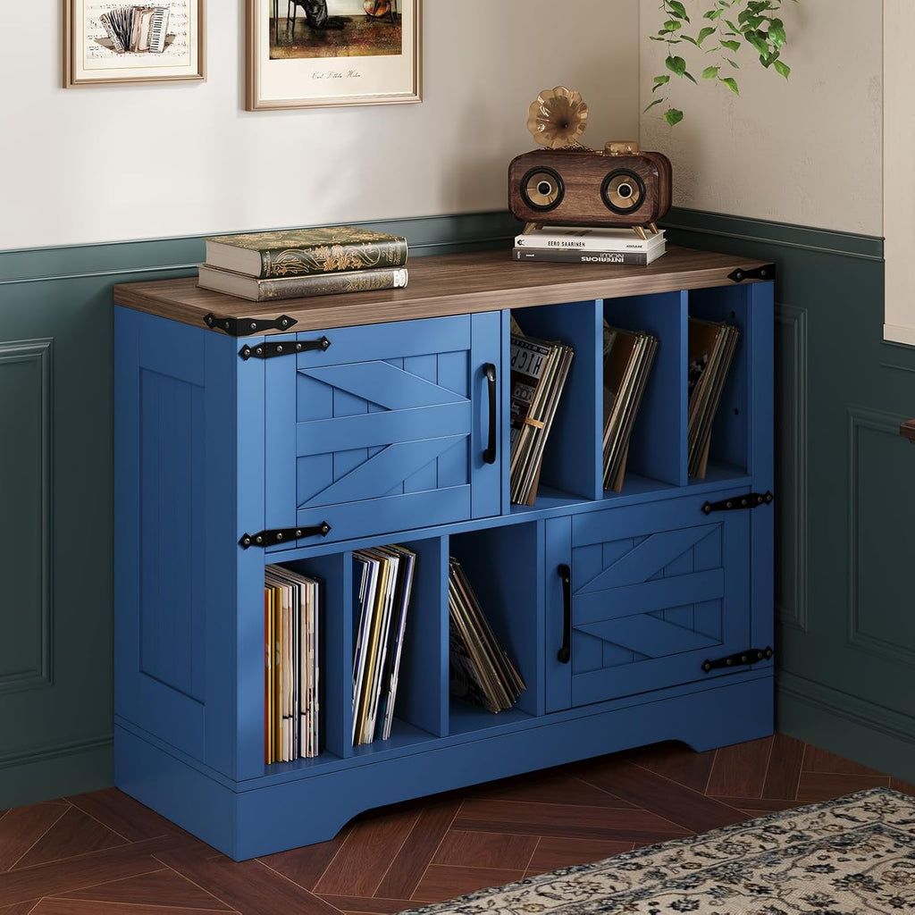 GarveeHome 39in Large Vinyl Record Storage, Farmhouse Wood Turntable Record Player Stand with Storage Cabinet and 2 Barn Doors for Living Room Bedroom, Navy Blue