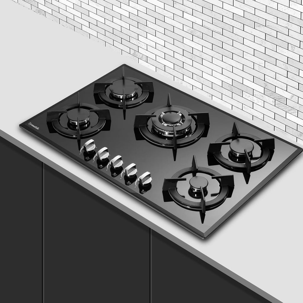 Gas Cooktop 30 Inch, Built-in Tempered Glass Gas Stovetop 5 High Efficiency Burners Gas Stove Top Propane/Natural Gas Convertible Gas Hob (Black)