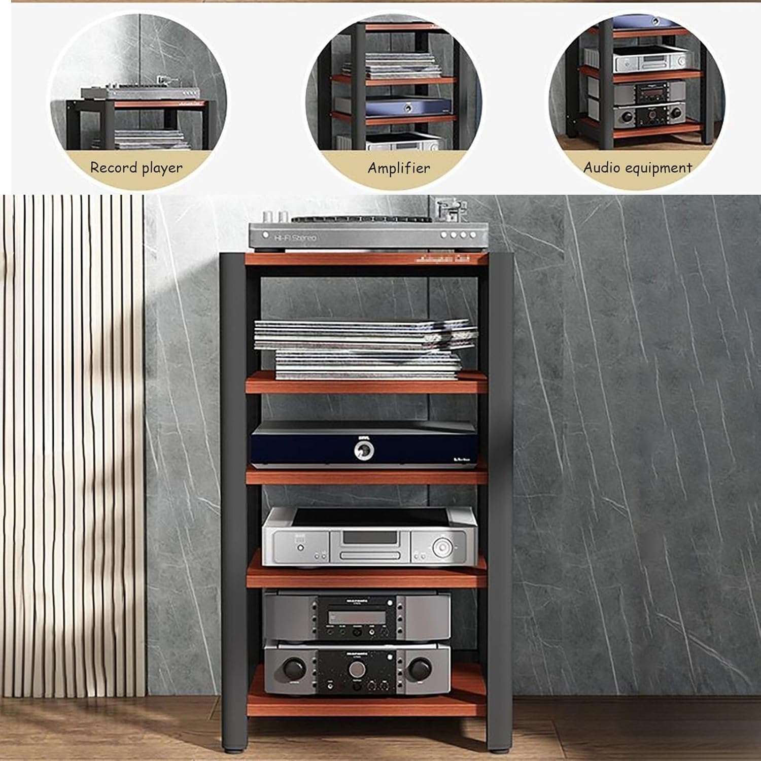 AV Media Stand, 2/3/4/5-Tier Audio Rack with Adjustable Shelf, Entertainment TV Shelves, Floor-Standing Stereo Cabinet Corner Shelf, Metal Storage Frame(Natural,4 Tier 60x50x85CM)