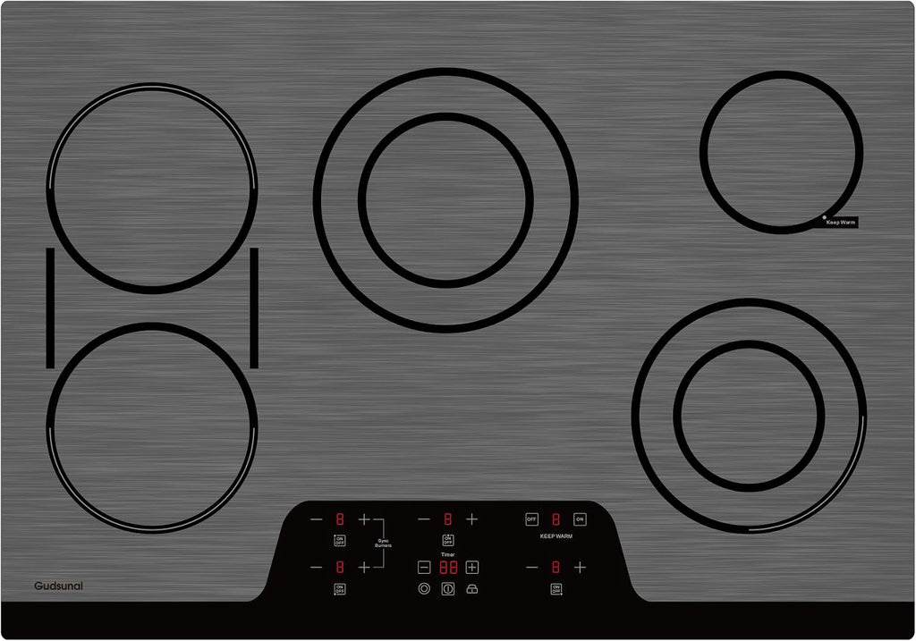 30 Inch Electric Cooktop 5 Burners, ETL & FCC Certificated, Sync Burner, Quick Boil, Keep Warm, 9 Heating Level, Timer, Child Lock & Auto Shutdown, Drop-in Electric Stove Top,Grey