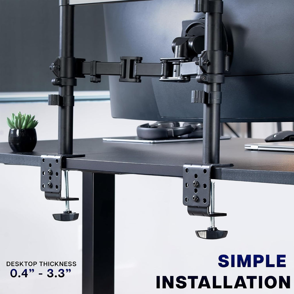 VIVO Clamp-on Double Pole Ultra Wide Monitor Desk Mount for 2 Utrawides up to 57 inches, 59.4 lbs Capacity Each, Low Profile Heavy Duty Vertical Dual Monitor Stand, Black, STAND-257C