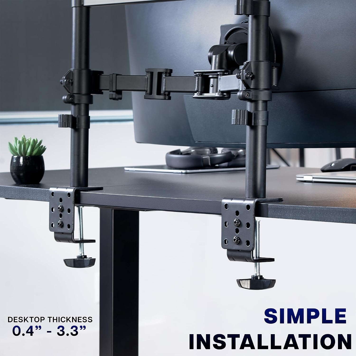 VIVO Clamp-on Double Pole Ultra Wide Monitor Desk Mount for 2 Utrawides up to 57 inches, 59.4 lbs Capacity Each, Low Profile Heavy Duty Vertical Dual Monitor Stand, Black, STAND-257C