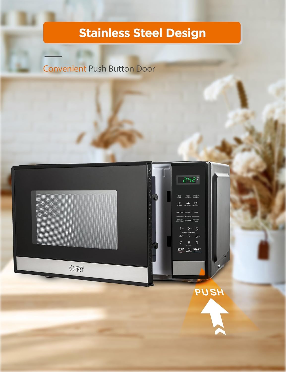 Commercial CHEF Small Microwave 0.9 Cu. Ft. Countertop Microwave with Touch Controls & Digital Display, Stainless Steel Microwave & 10 Power Levels, Outstanding Portable Microwave with Pull Handle