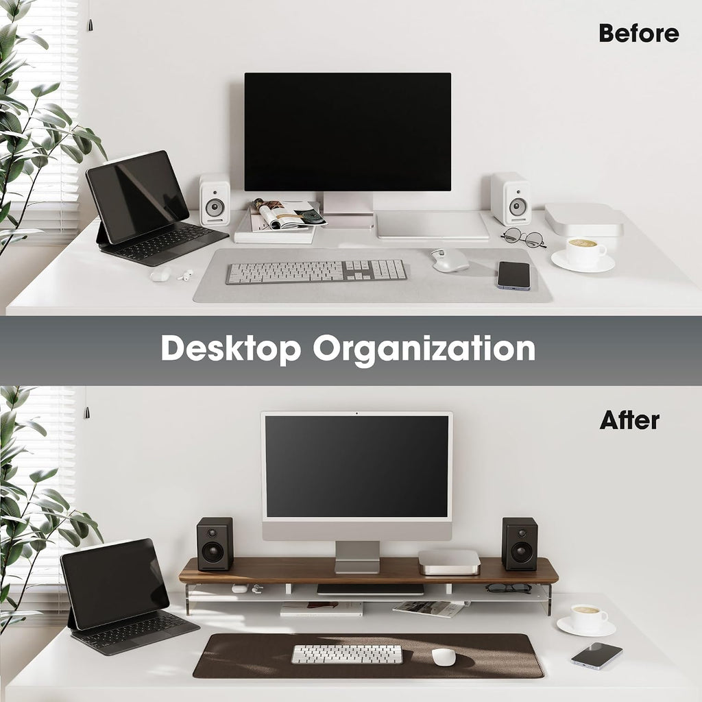 Fenge Acrylic Monitor Stand Riser, 42.5 Inches Dual Monitor Stand with Metal Storage, 2 Tier Acrylic Computer Riser for Desk, Clear Laptop Stand for PC, Laptop, Printer, TV, Brown