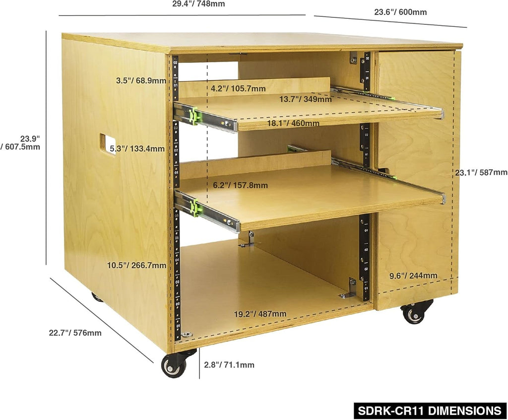 Sound Town DIY 11U Solid Baltic Birch Plywood Plywood Studio Rack with Slide-Out Trays, Cabinet, Casters, Golden Oak, for Recording Room, Home Studio (SDRK-CR11)
