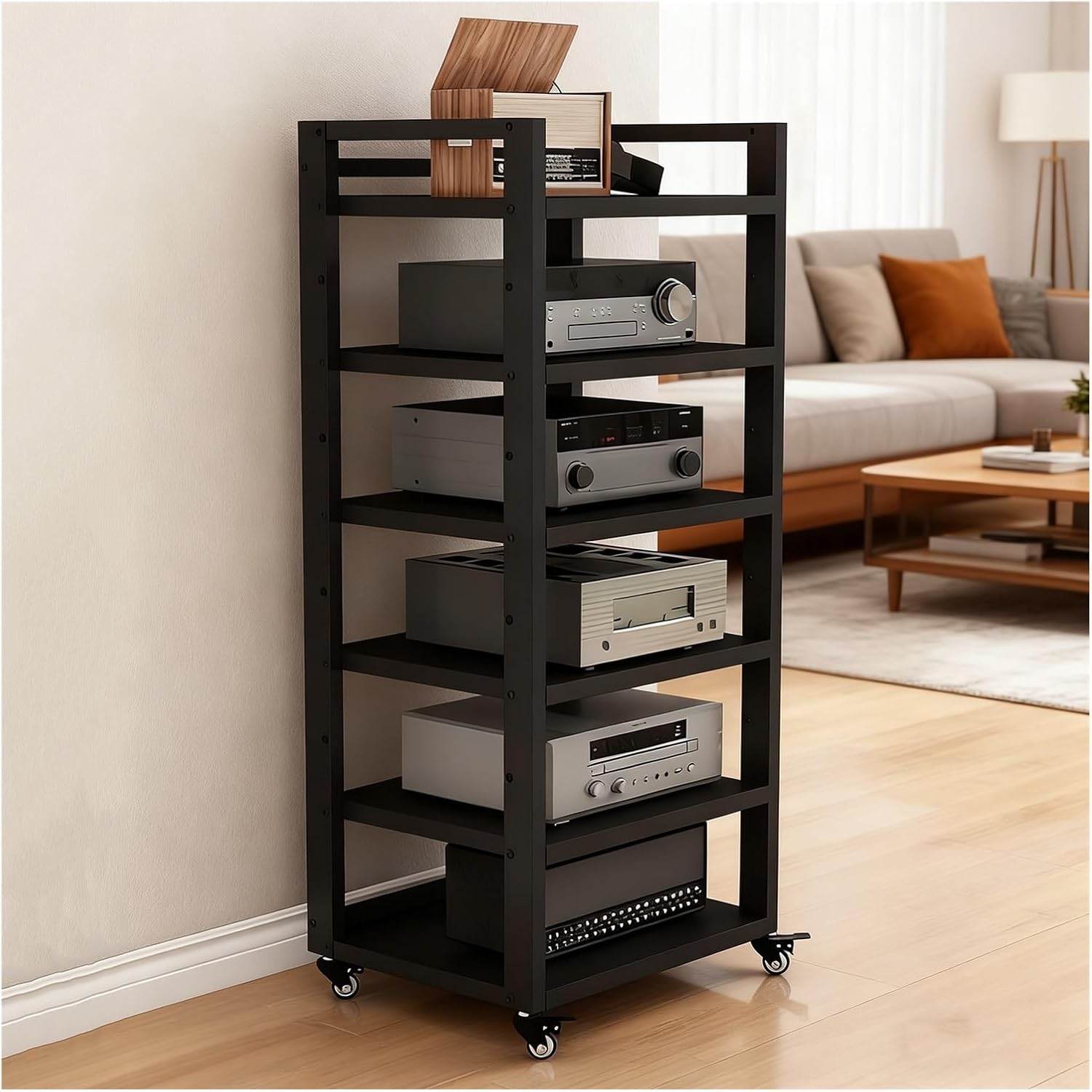 6 Tier Audio Rack Tower, Heavy-Duty AV Media Stand, Adjustable Shelves, Media Storage Cabinet for Amplifier, Record Players, Audio-Visual Equipment(Black)