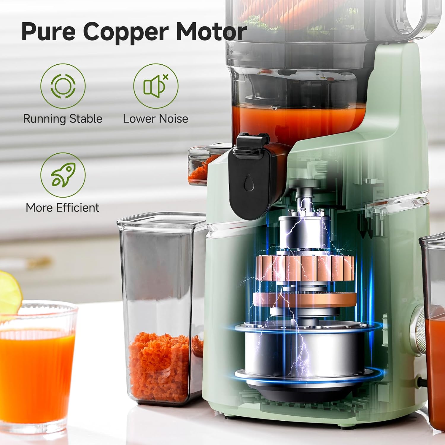 AMZCHEF Cold Press Juicer – 5.8' Wide Mouth Hopper for Whole Recipe Loading, Self Feeding for Hands-Free Operation, Zero Waste Masticating Juicer For More Juice, Less Pulp – Triple Strainers