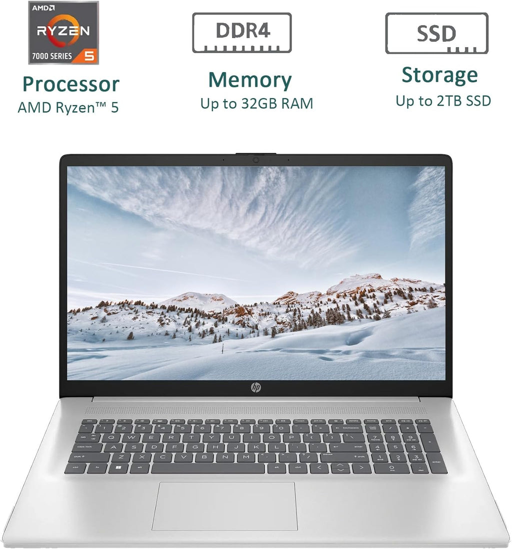 HP 17.3' Laptop, Full HD (1920 * 1080) Display, AMD Ryzen 5 Processor (Beats i7-11370H), 32GB RAM, 1TB SSD, Windows 11 Home, Webcam, Wi-Fi, Bluetooth, Natural Silver, Alpacatec Accessory