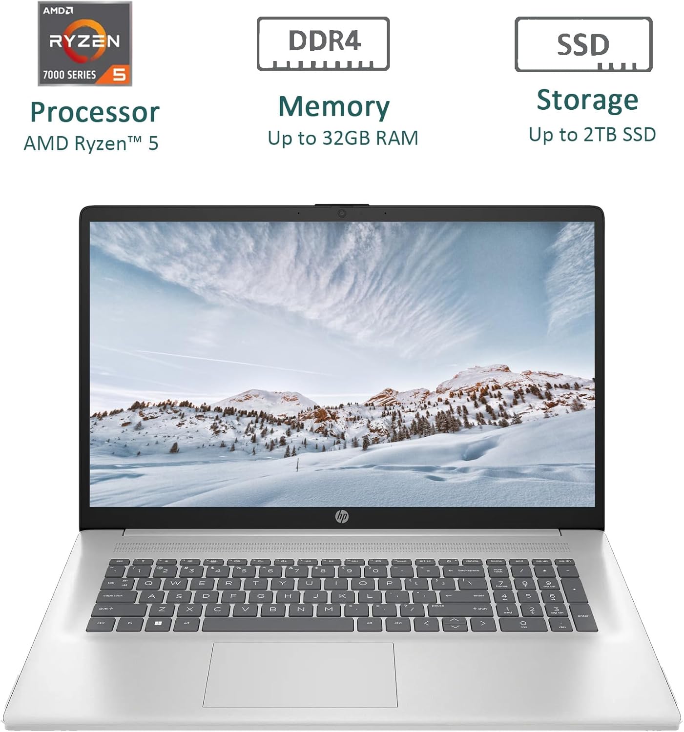 HP 17.3' Laptop, Full HD (1920 * 1080) Display, AMD Ryzen 5 Processor (Beats i7-11370H), 32GB RAM, 1TB SSD, Windows 11 Home, Webcam, Wi-Fi, Bluetooth, Natural Silver, Alpacatec Accessory