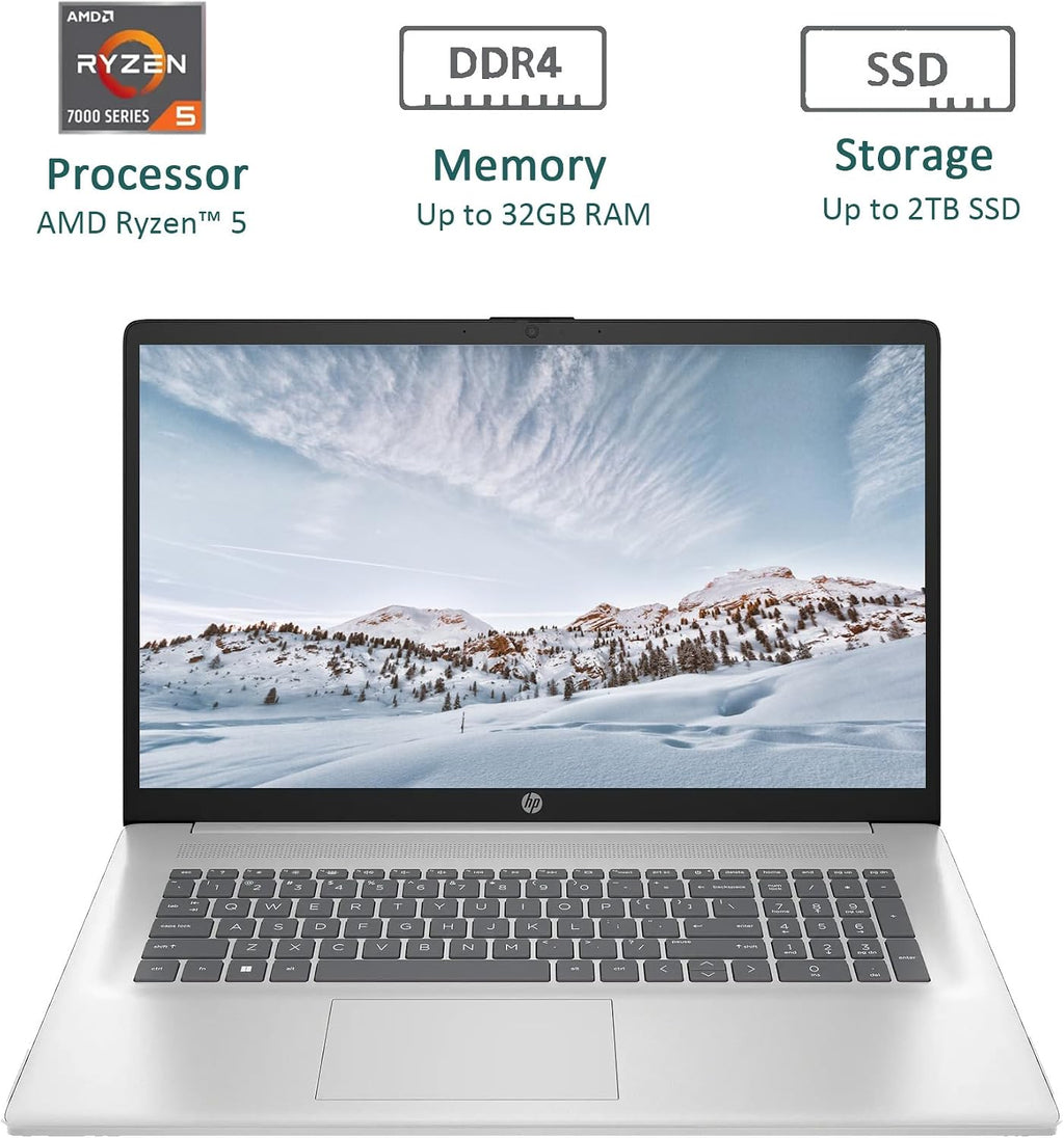 HP 17.3' Laptop, Full HD (1920 * 1080) Display, AMD Ryzen 5 Processor (Beats i7-11370H), 16GB RAM, 512GB SSD, Windows 11 Home, Webcam, Wi-Fi, Bluetooth, Natural Silver, Alpacatec Accessory