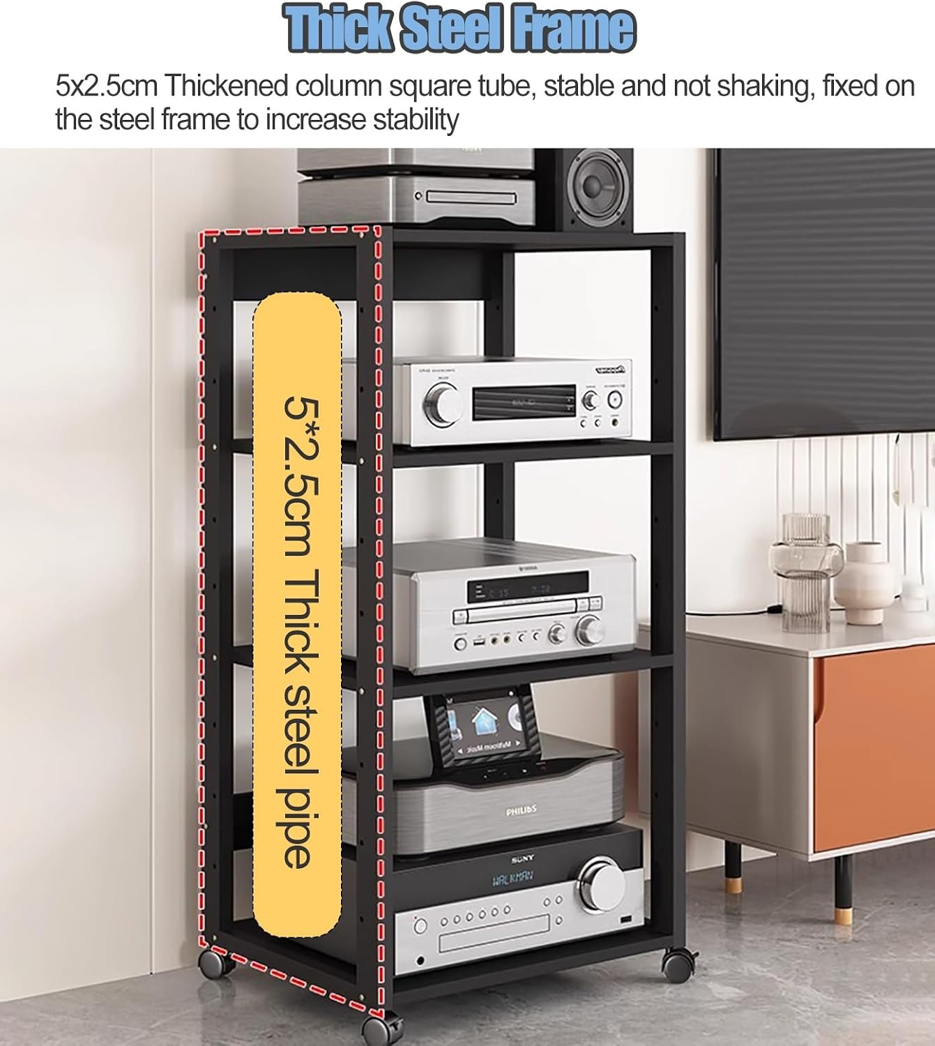 YLLFFLL 131cm Tall Mobile Stereo Racks and Stands on Wheels Heavy Duty Audio Equipment Rack Cart with Height-Adjustable Shelf, Entertainment Stereo Components Av Media Stand(7 Tier)