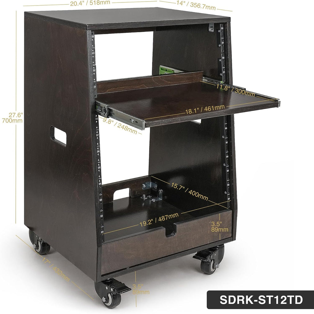 Sound Town DIY Slanted 12U Studio Rack (4U Top + 8U Lower) with 2U Bottom Storage, Slide-Out Tray, Casters, for Home Studio and Recording Room, Birch Plywood, Black Espresso (SDRK-ST12TD)