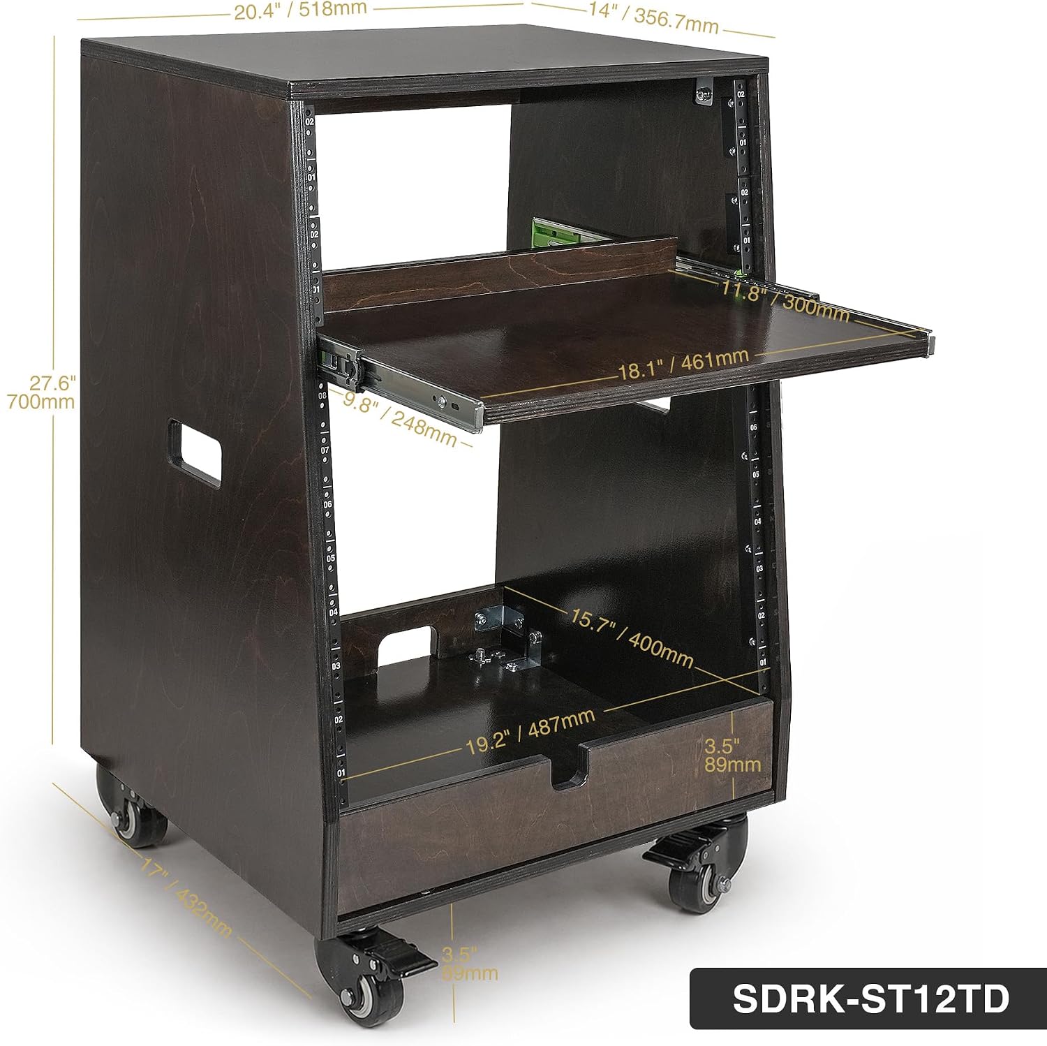 Sound Town DIY Slanted 12U Studio Rack (4U Top + 8U Lower) with 2U Bottom Storage, Slide-Out Tray, Casters, for Home Studio and Recording Room, Birch Plywood, Black Espresso (SDRK-ST12TD)