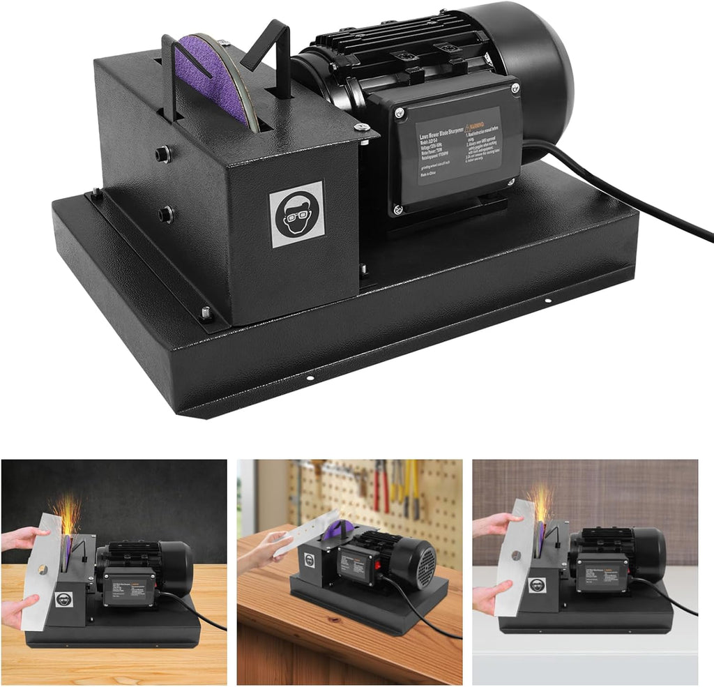 Lawn Mower Blade Sharpener, 750W 9-Inch Professional Blade Grinder & Sharpener for High/Low/Gator Blades, Heavy-Duty Q235 Steel Bench Grinder with 2 Sandpapers, Compact 16.93x12.6 Inch Workbench