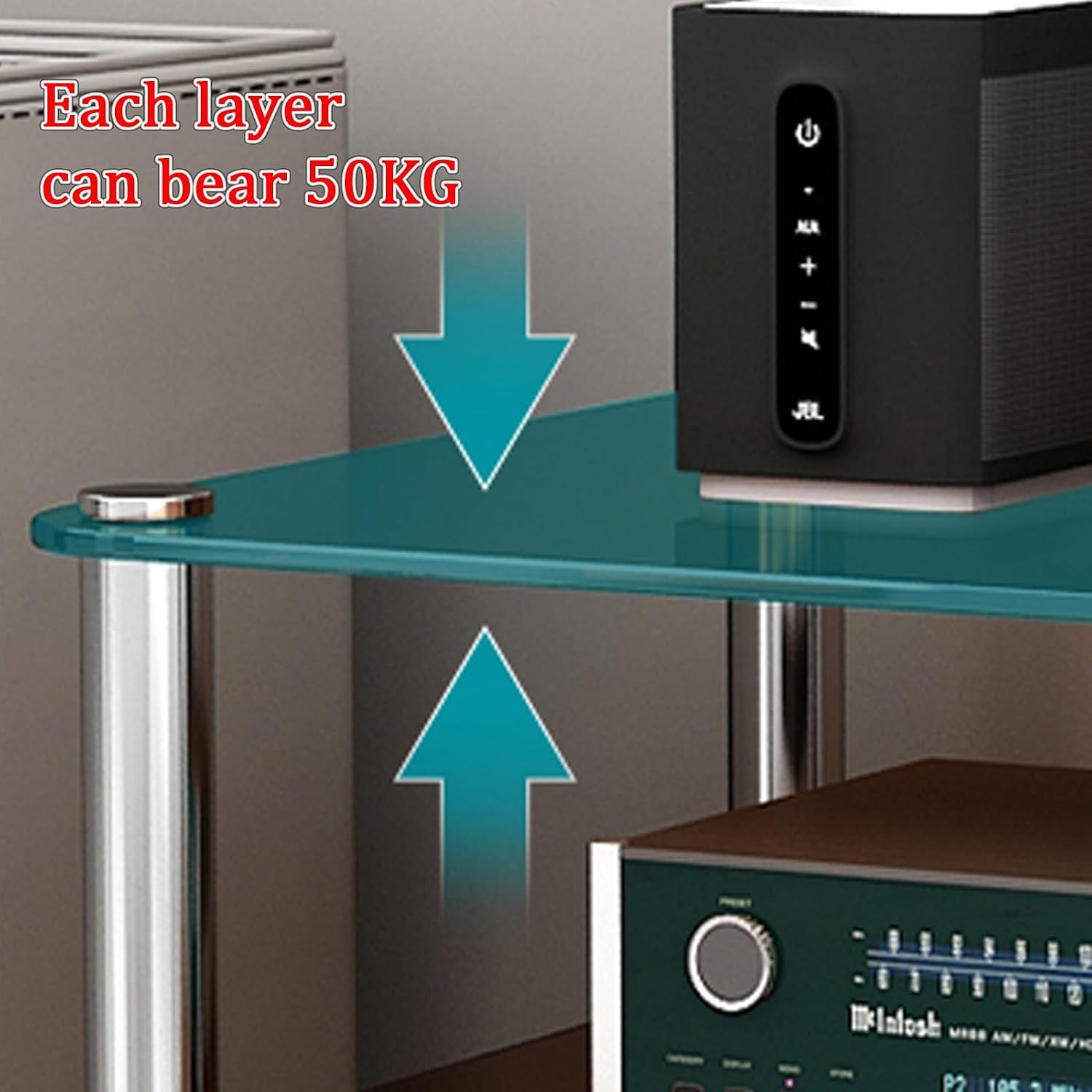 Multi-Layer Audio Rack, Tempered Glass AV Media Stand, Open Storage Stereo Cabinet, TV Stand for Home Theater, Brown Finish, 23.6'x3.1'/60'x8' - Durable Media Storage Solution
