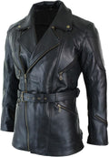 Mens 3/4 Quarter Length Motorcycle Black Biker Long Jacket - Genuine Leather Coat Winter Outerwear