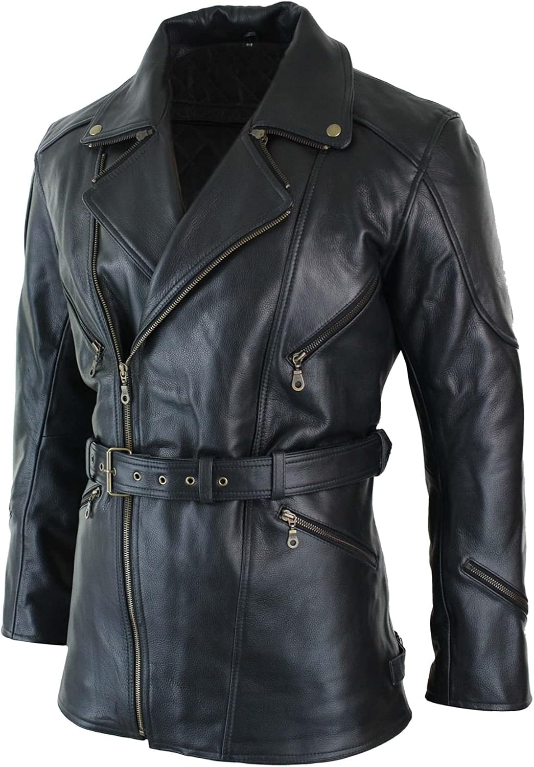 Mens 3/4 Quarter Length Motorcycle Black Biker Long Jacket - Genuine Leather Coat Winter Outerwear