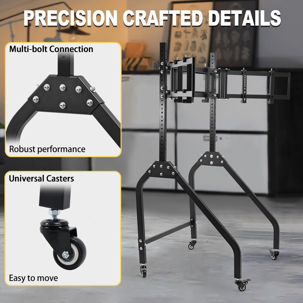 Marada Sim Racing Triple Monitor Stand with Wheels Compatible with 27/32-inch Displays Height and Tilt Adjustable, A-Frame Base for Flight & Driving Simulator Cockpit Rig