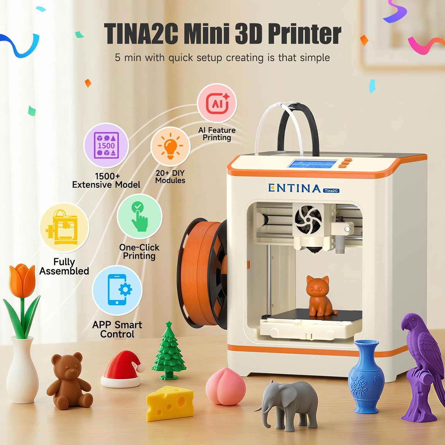 Entina Tina2C Mini 3D Printer for Kids & Beginners, Fully Assembled, Auto Leveling, Easy to Use, WiFi & APP Control, 1500+ Models, DIY Projects, 4 PLA Colors, Ideal for Home & School