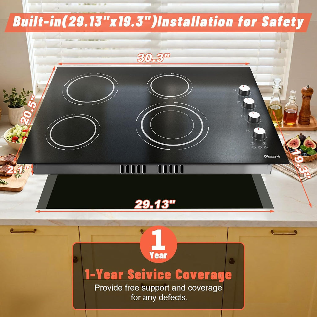30 Inch Electric Cooktop - 4 Burner Built-in(29.13'x19.3') Ceramic Stove Top 6700W, 30' Electric Cook Top with Timer, Safety Lock, Pause, Dual Ring, 220V - 240V Hard Wired (White Knob)