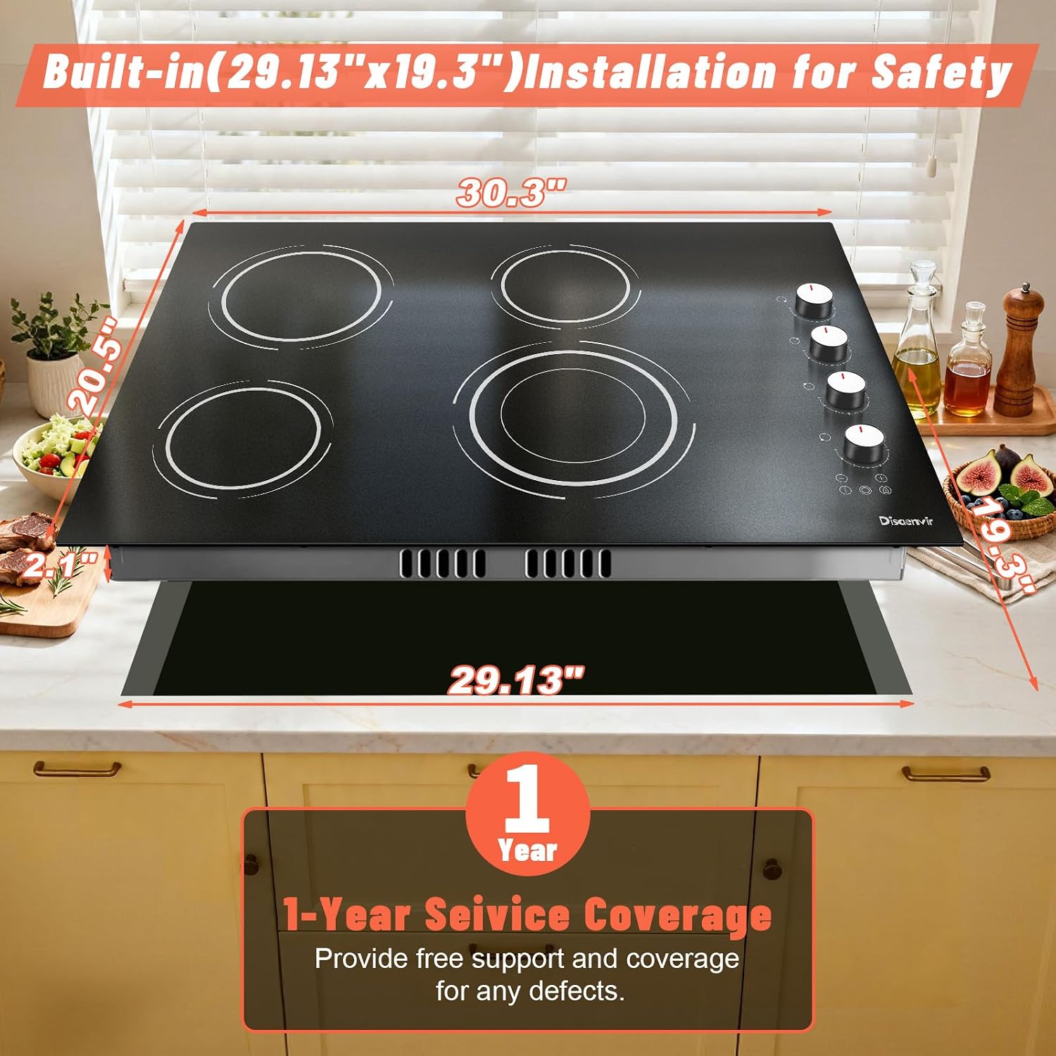 30 Inch Electric Cooktop - 4 Burner Built-in(29.13'x19.3') Ceramic Stove Top 6700W, 30' Electric Cook Top with Timer, Safety Lock, Pause, Dual Ring, 220V - 240V Hard Wired (White Knob)