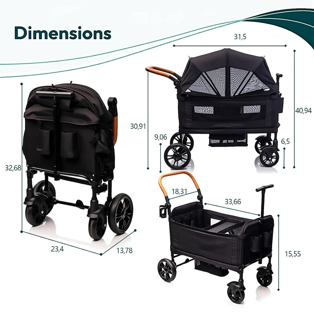 Luxury Wagon Stroller for 2 Kids & Cargo-Lightweight Foldable Travel Push Pull All-Terrain Double Wagon for Newborn&Toddler with 5-Point Harness,Adjustable Handle, Canopy,Tray Table,Cup Holder