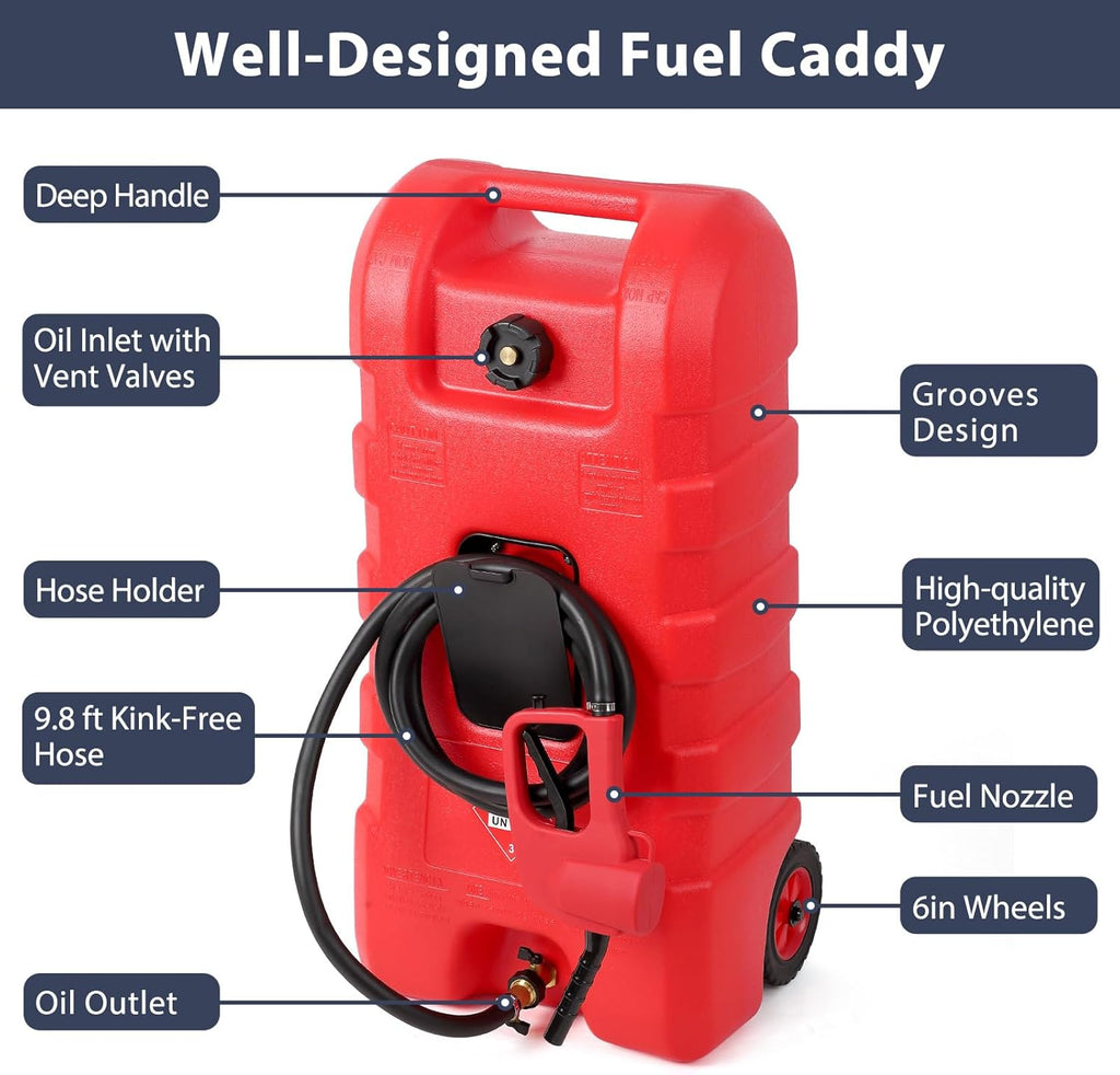 GAOMON Fuel Caddy, 15 Gallon Portable Gas Fuel Tank Container with LE Fluid Transfer Siphon Pump and 10ft. Delivery Hose, Diesel Storage Can On-Wheels for Cars, Lawn Mowers, ATVs, Boats