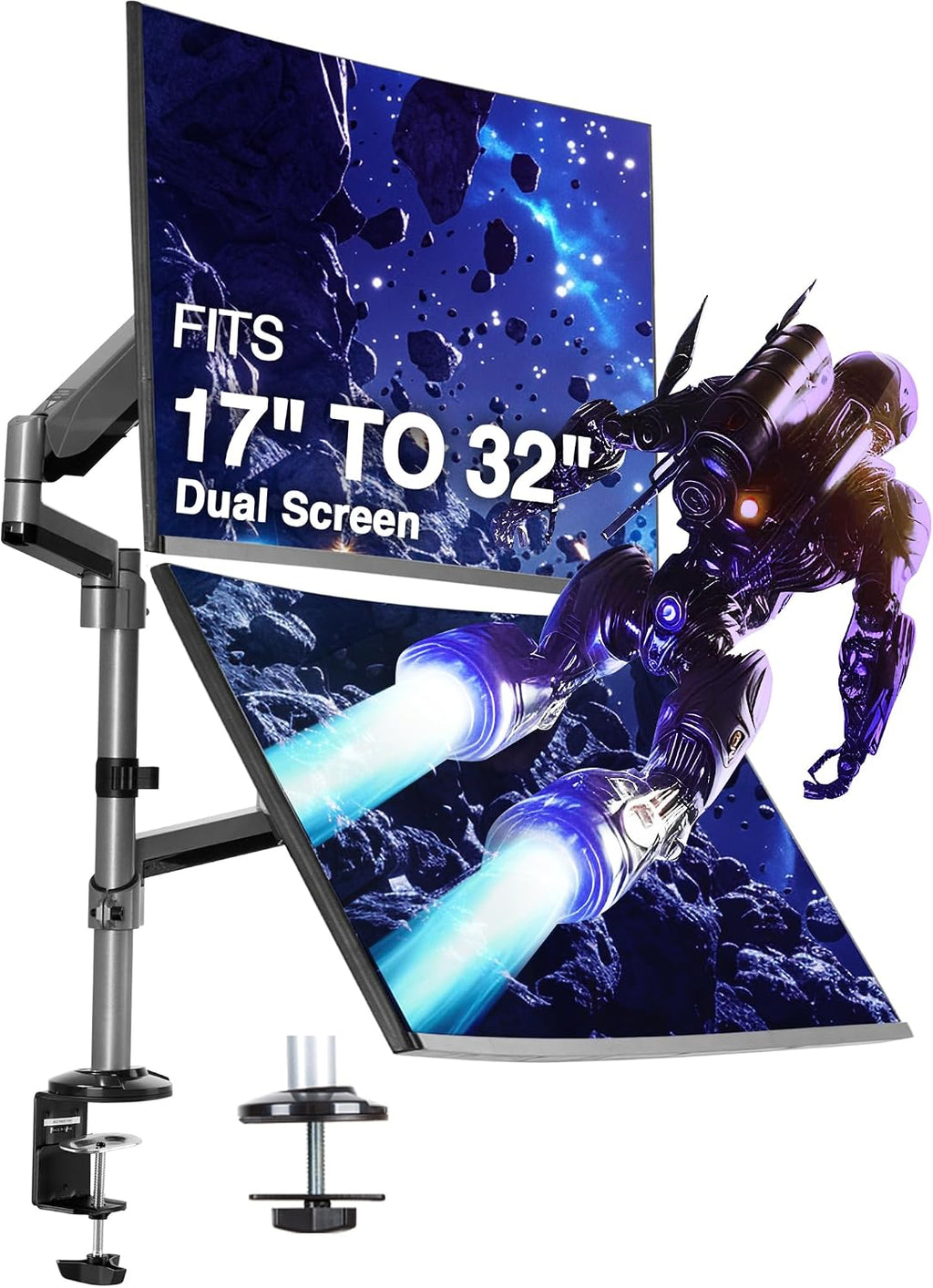 AVLT Dual 17'-32' Stacked Monitor Arm Desk Mount for 2 Flat or Curved Screens, Full Motion Height Adjustable with Swivel, Tilt, Rotation, Extra Tall, VESA, C-Clamp or Grommet Base