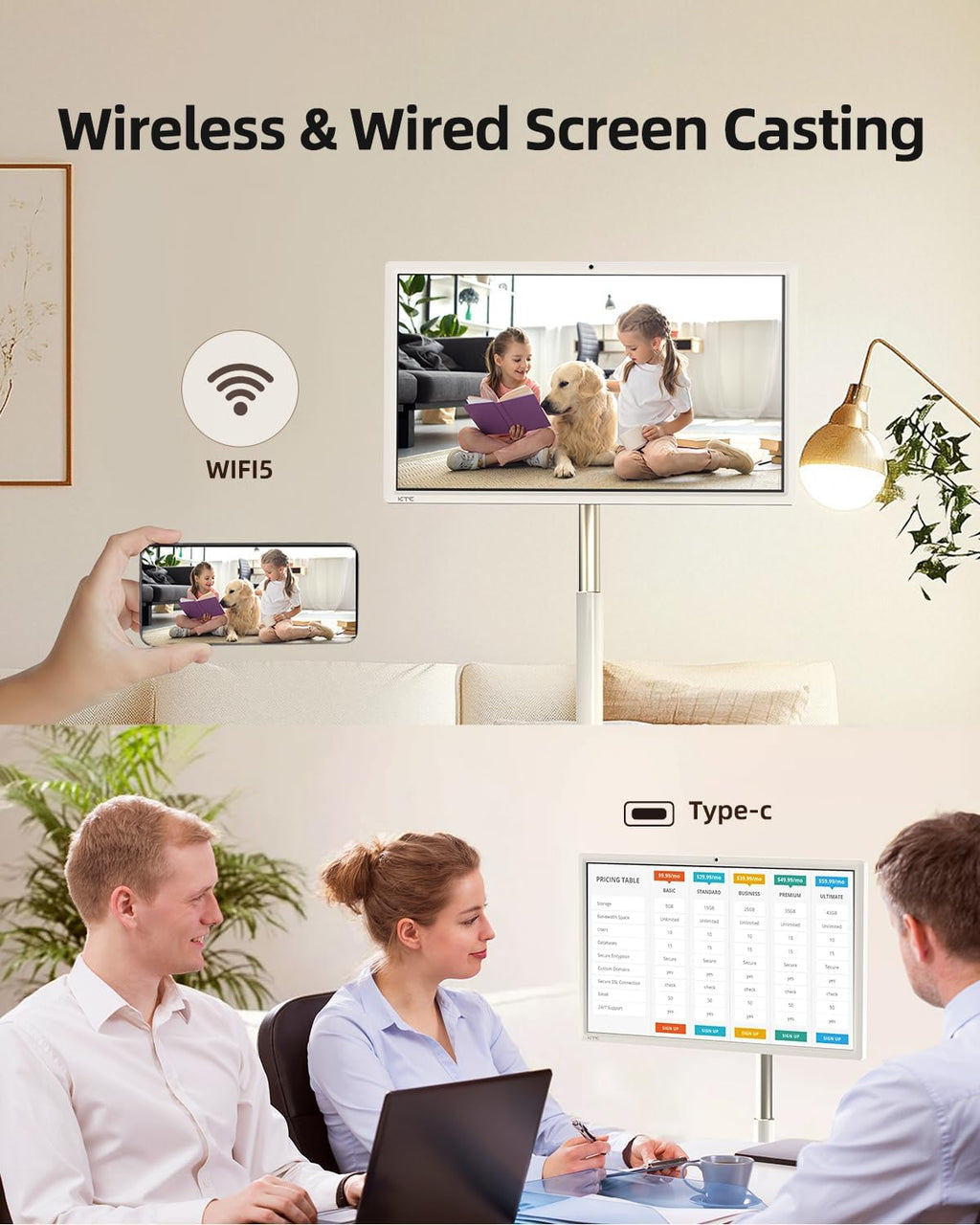 KTC MegPad 27 Inch Portable Screen TV - 1080P Touch Screen Monitor on Wheels with 8MP Camera, EDLA-Certified, Android 14, 8G+128G Storage, 9500mAh Battery,Full Swivel Rotation, Voice Remote Control