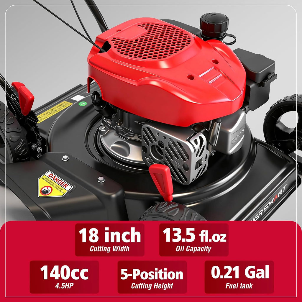 PowerSmart EasyCut 18-Inch Gas Lawn Mower, 144cc OHV Engine, Durable Steel Deck, Walk-Behind Push Mower with Side Discharge, 5-Position Height Adjustment, Lightweight Design for Small Yard