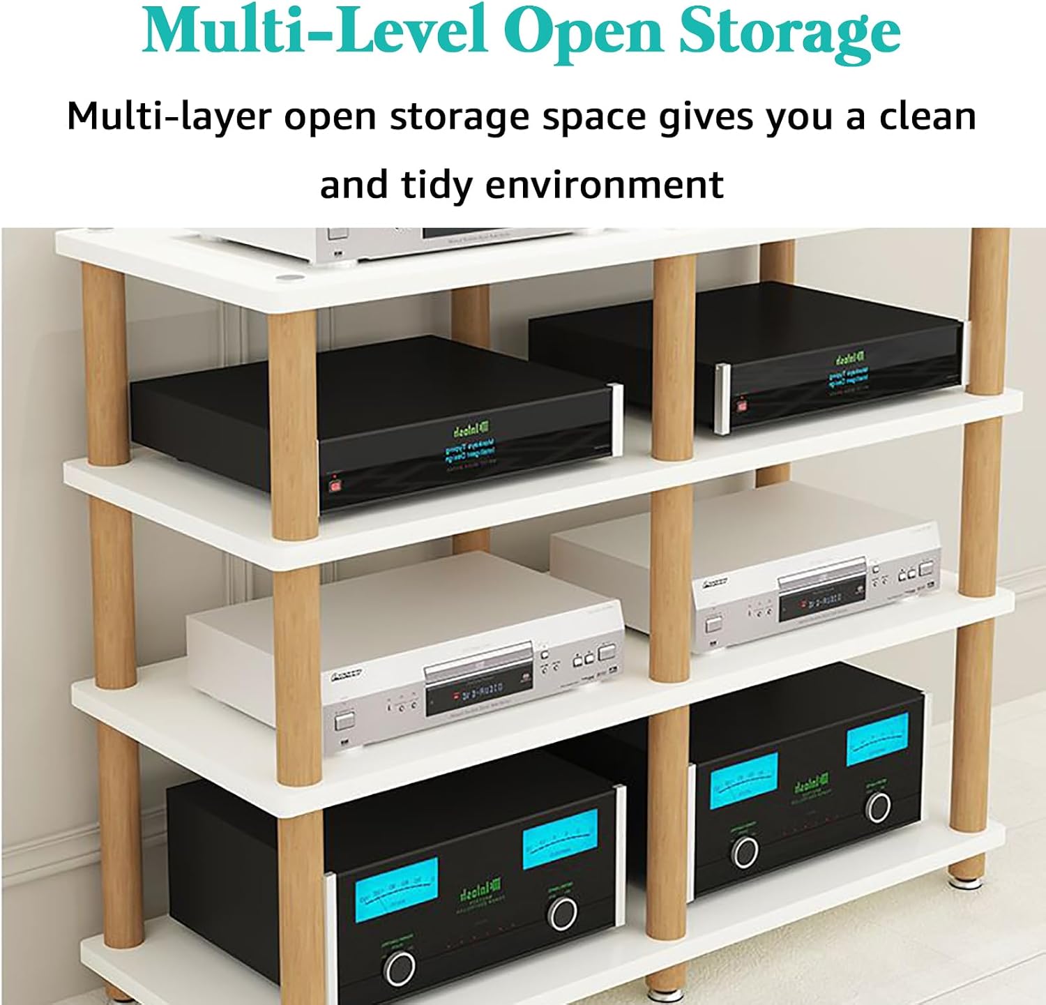 AV Media Stand 2/3/4 Tier Record Player DVD CD Audio Rack Tower Holder, Adjustable Media Storage Cabinet, Entertainment Stereo Racks Equipment Console Shelf,Wood,2 Tier