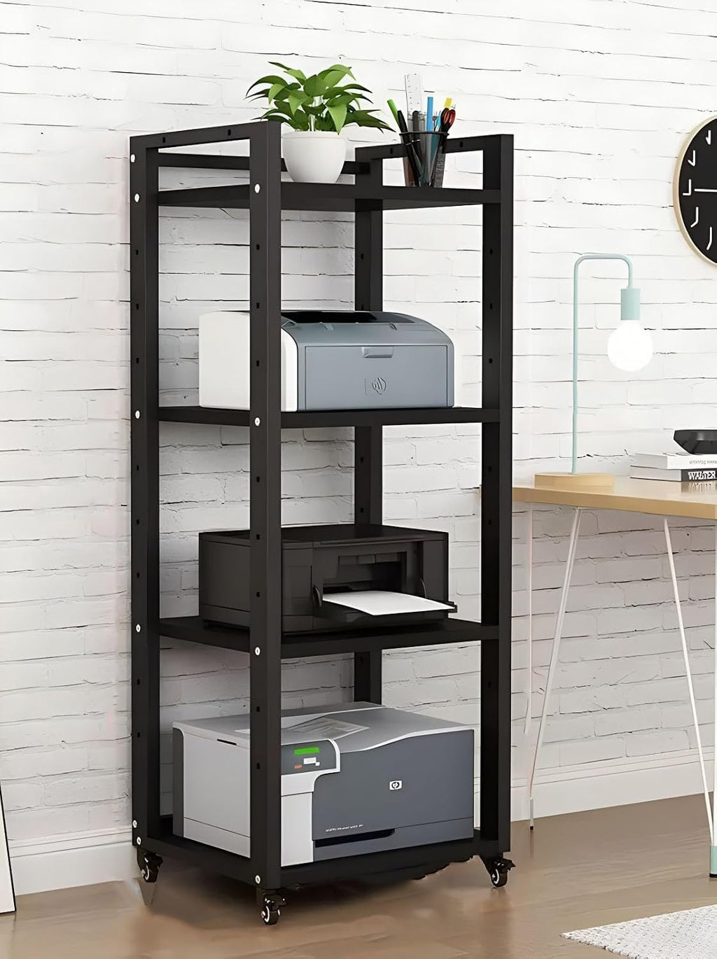 Heavy-Duty Audio Equipment Stand on Wheels, 4-Tier Black Storage Shelf for Home Media Organization, Mobile AV Rack, Durable Media Console for Entertainment Setup