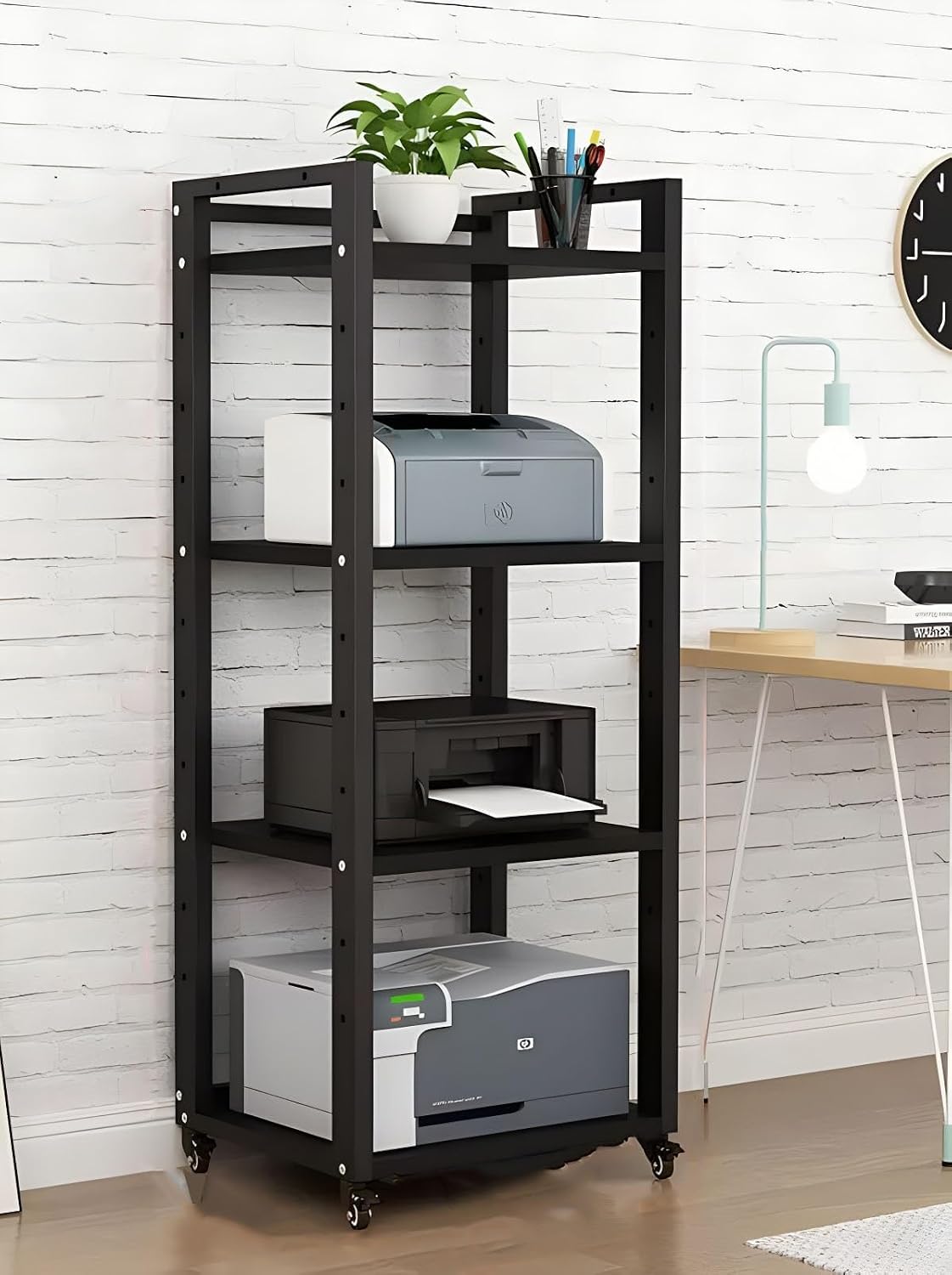 Heavy-Duty Audio Equipment Stand on Wheels, 4-Tier Black Storage Shelf for Home Media Organization, Mobile AV Rack, Durable Media Console for Entertainment Setup