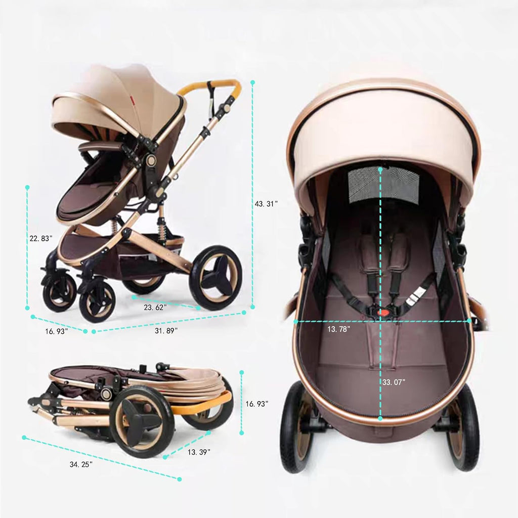 Convertible Baby Stroller with Sleep Recline Sitting Modes Foldable Infant Stroller Reversible Newborn Travel Pram Baby Carriage with Big Rubber Wheels (Pink)