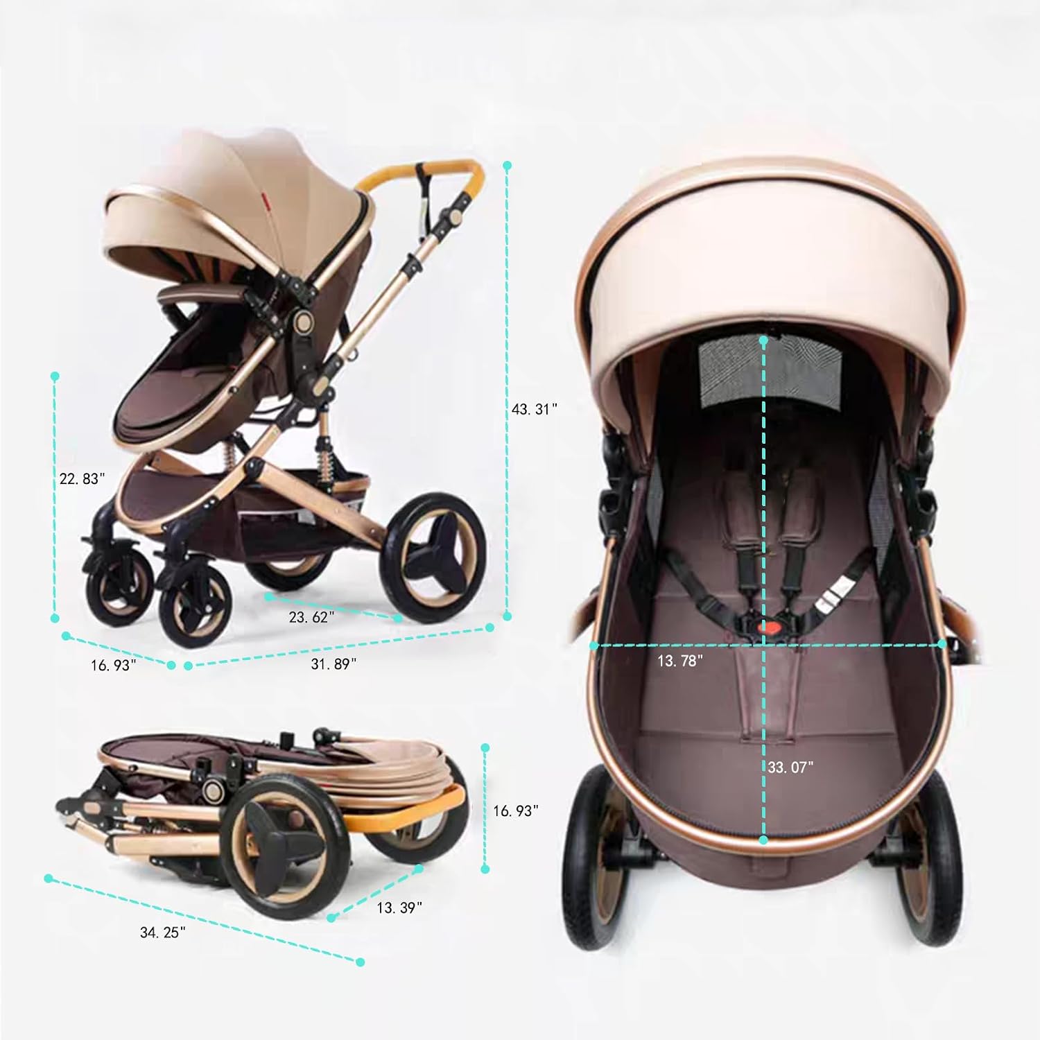 Convertible Baby Stroller with Sleep Recline Sitting Modes Foldable Infant Stroller Reversible Newborn Travel Pram Baby Carriage with Big Rubber Wheels (Pink)
