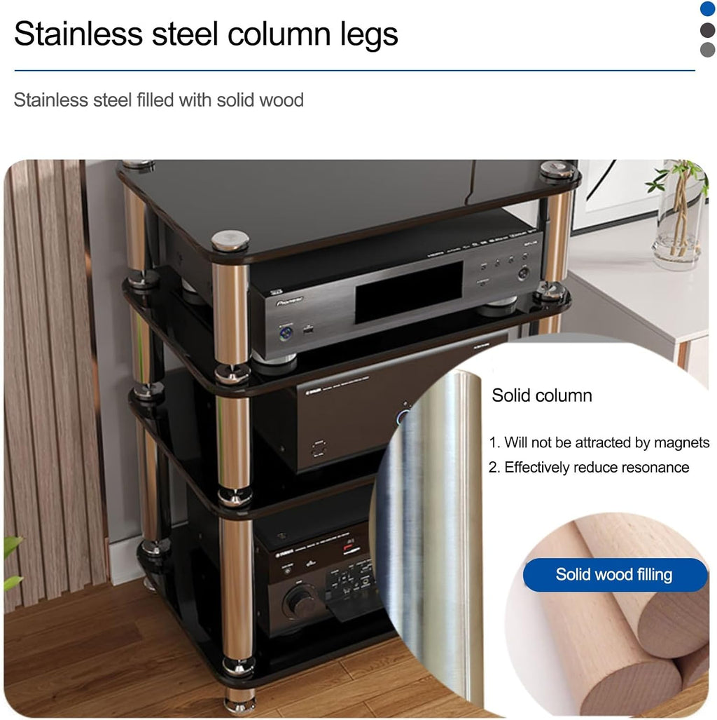 Audio Rack AV Media Stand with 1/2/3/4-Tier Tempered Glass Shelves, Storage Rack Audio Tower Equipment Console Shelf, for Home Office Theater(Black,10cm/3.9in)